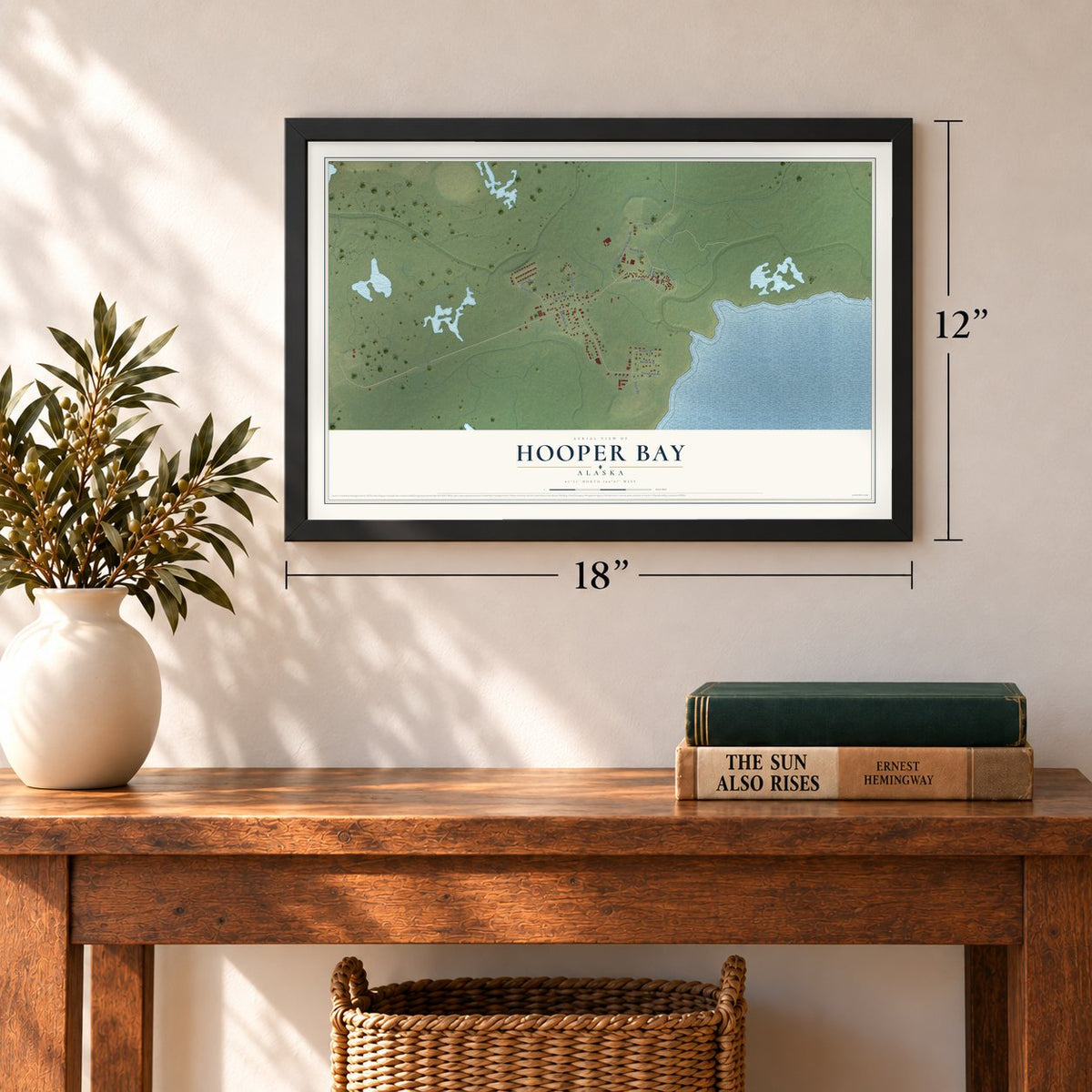 Hooper Bay, Alaska map, 12 x 18 inch print in a black frame in an entryway