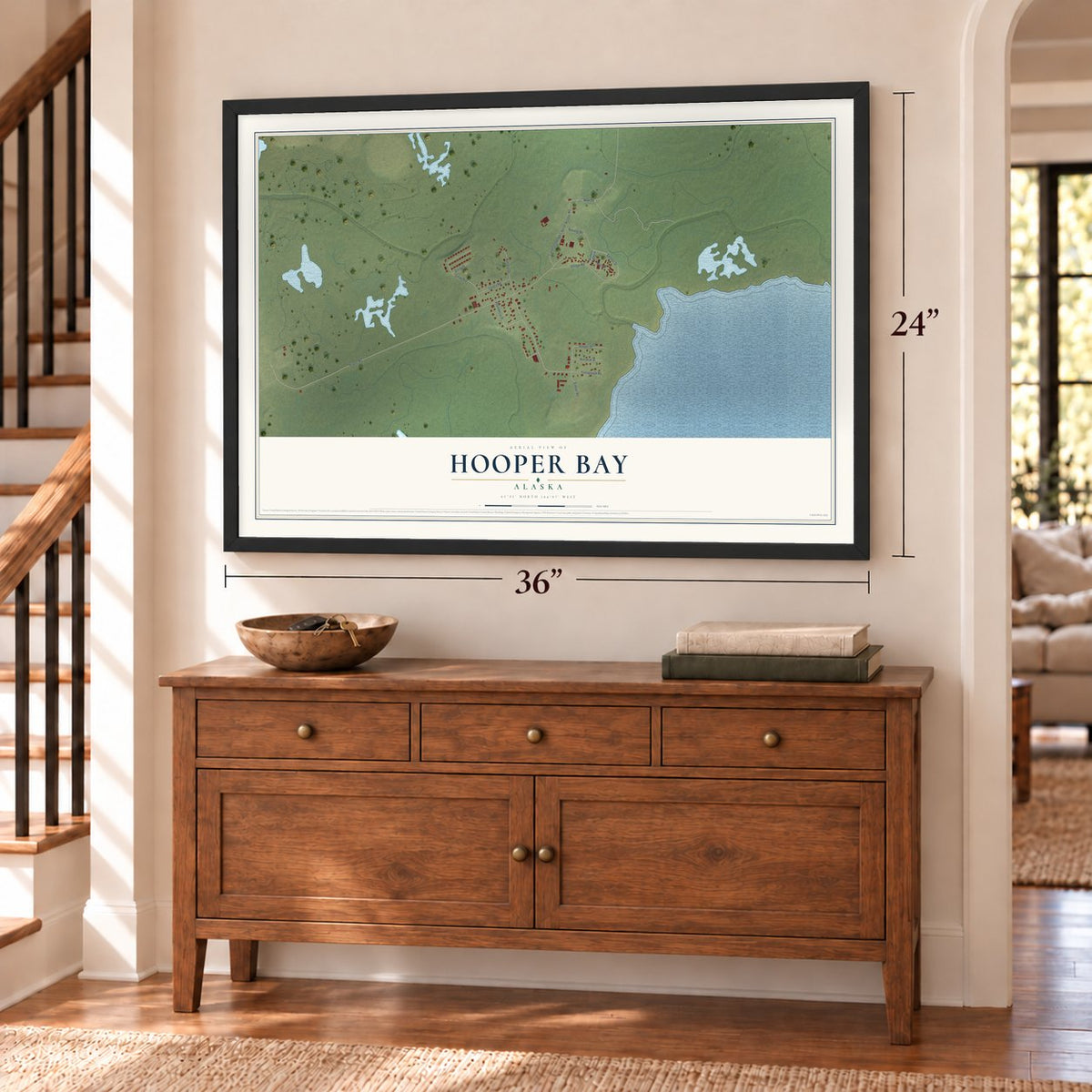 Hooper Bay, Alaska map, 24 x 36 inch print in a black frame above a dresser by a staircase
