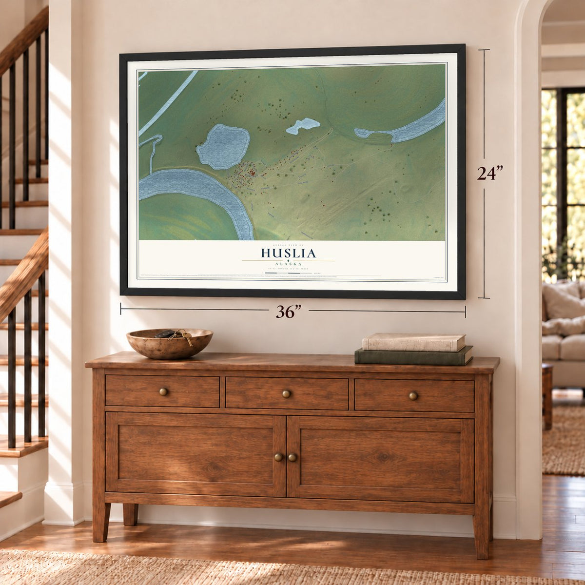 Huslia, Alaska map, 24 x 36 inch print in a black frame above a dresser by a staircase