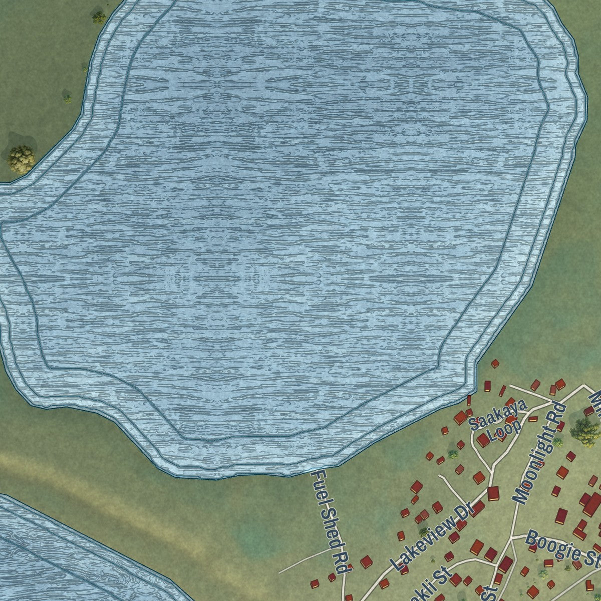 Close-up of the map of Huslia, Alaska print showing street and building detail