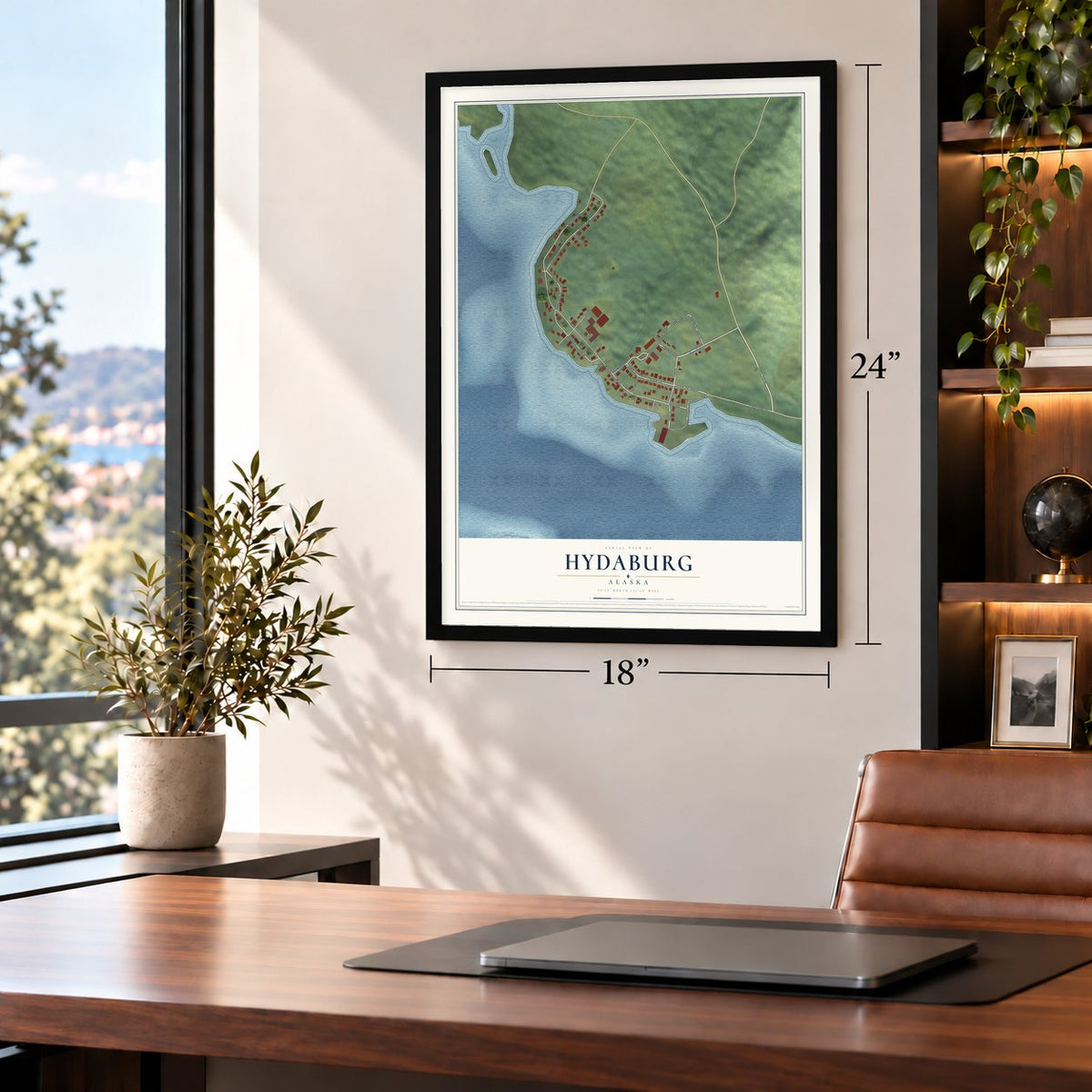 Hydaburg, Alaska map, 18 x 24 inch print in a black frame in a home office