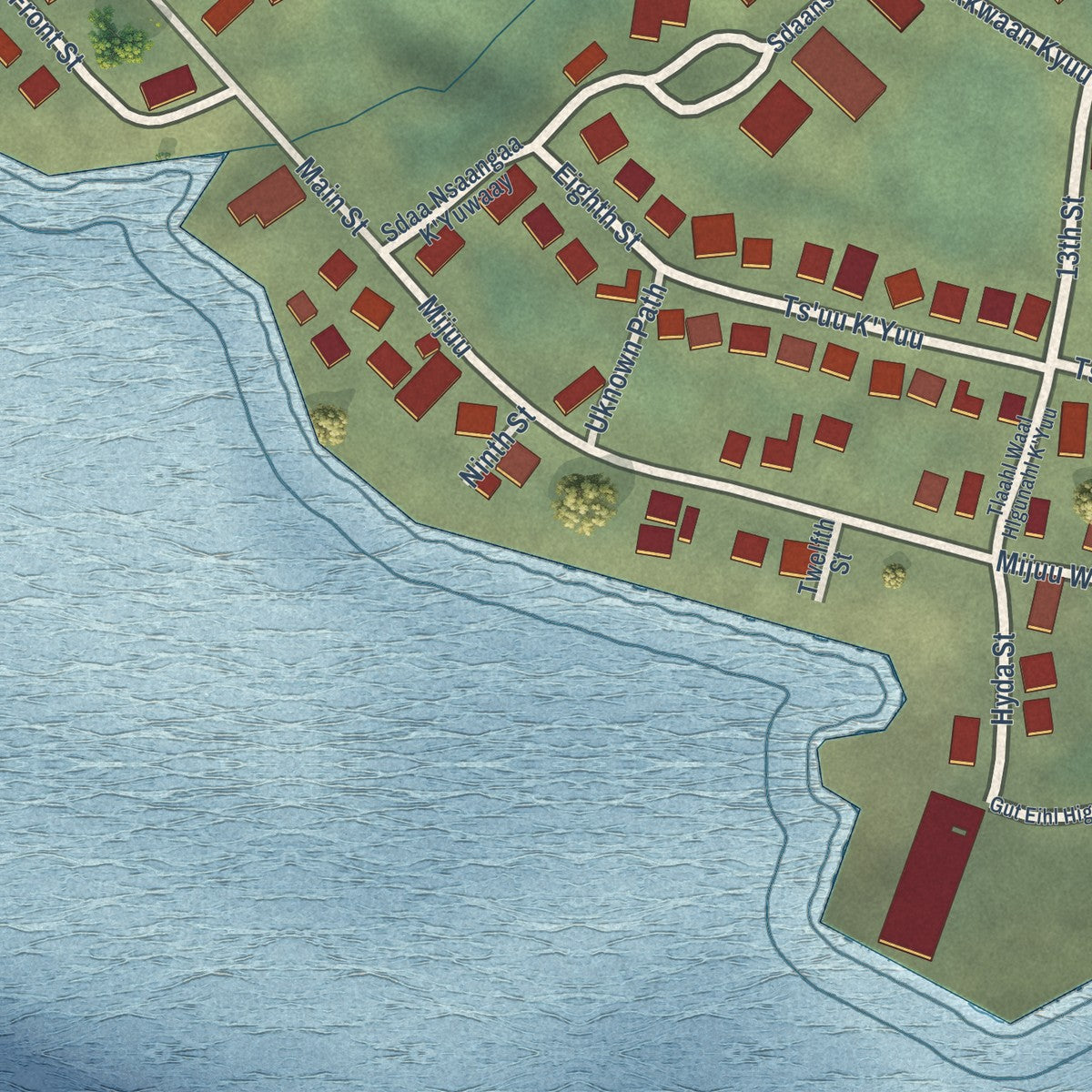 Close-up of the map of Hydaburg, Alaska print showing street and building detail