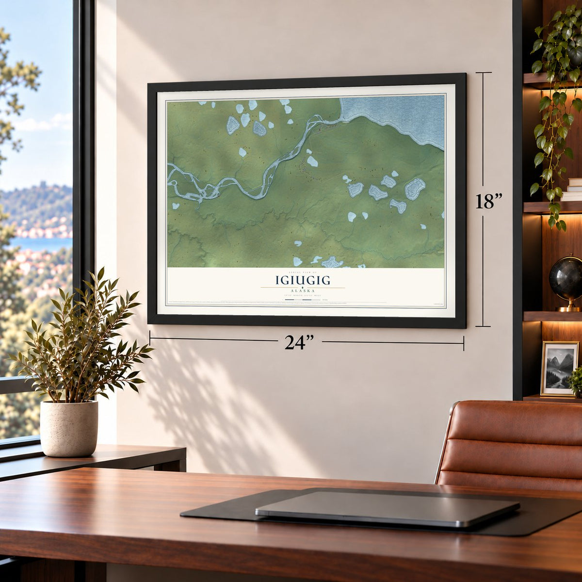 Igiugig, Alaska map, 18 x 24 inch print in a black frame in a home office