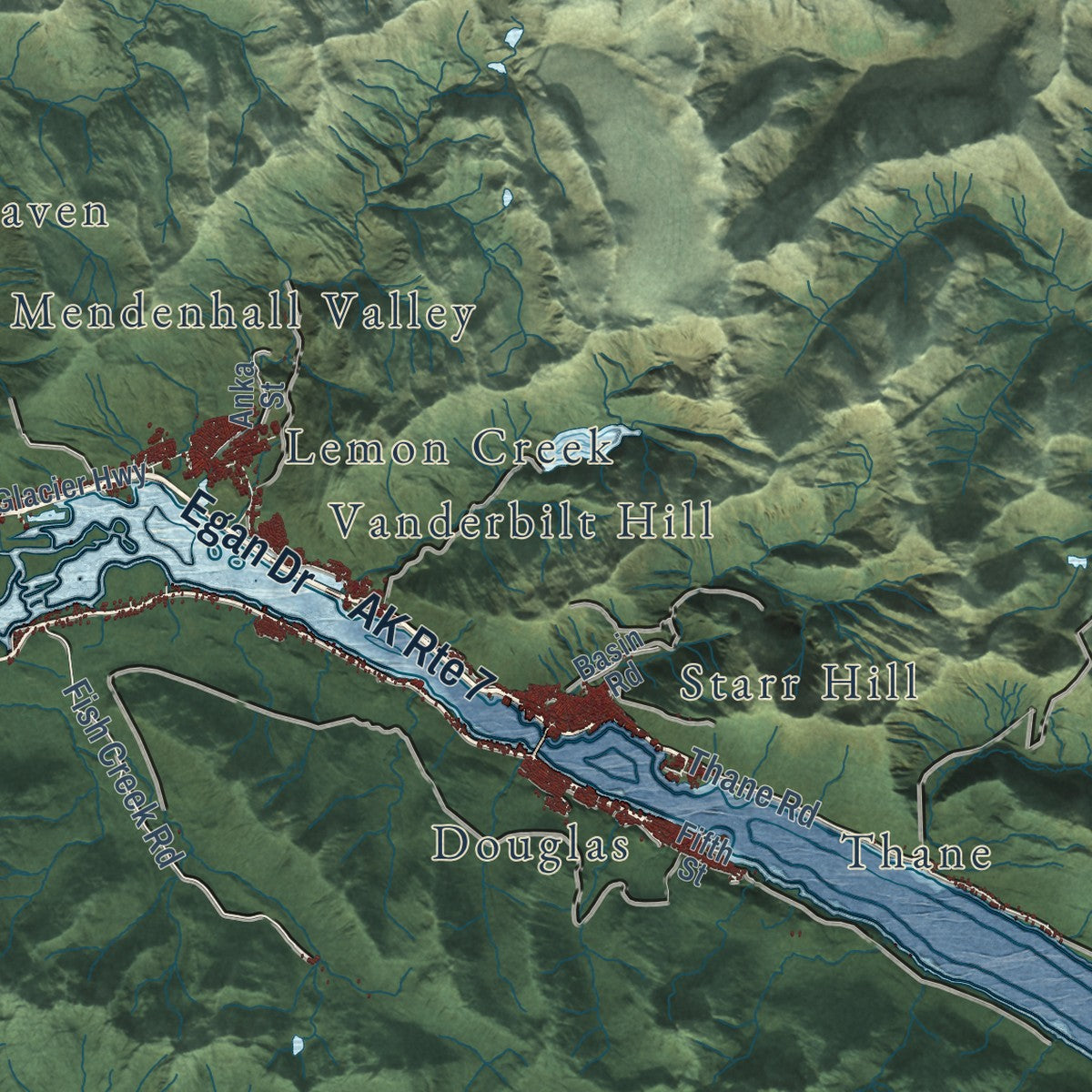 Close-up of the map of Juneau, Alaska print showing street and building detail