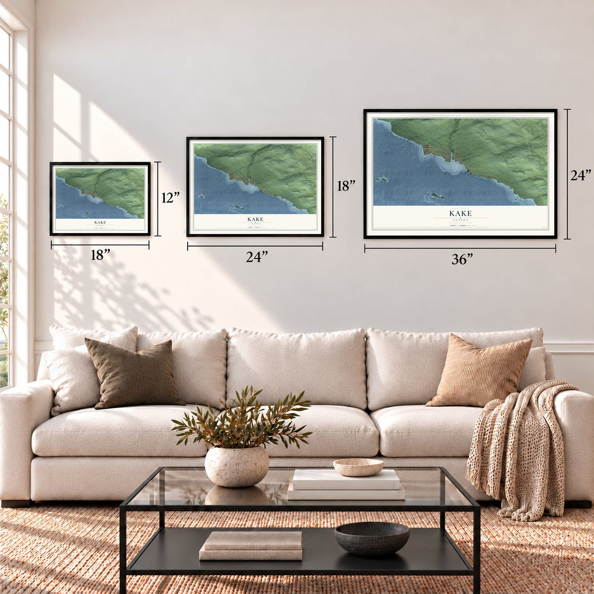 Kake, Alaska map in 12 x 18, 18 x 24 and 24 x 36 inch sizes above a sofa