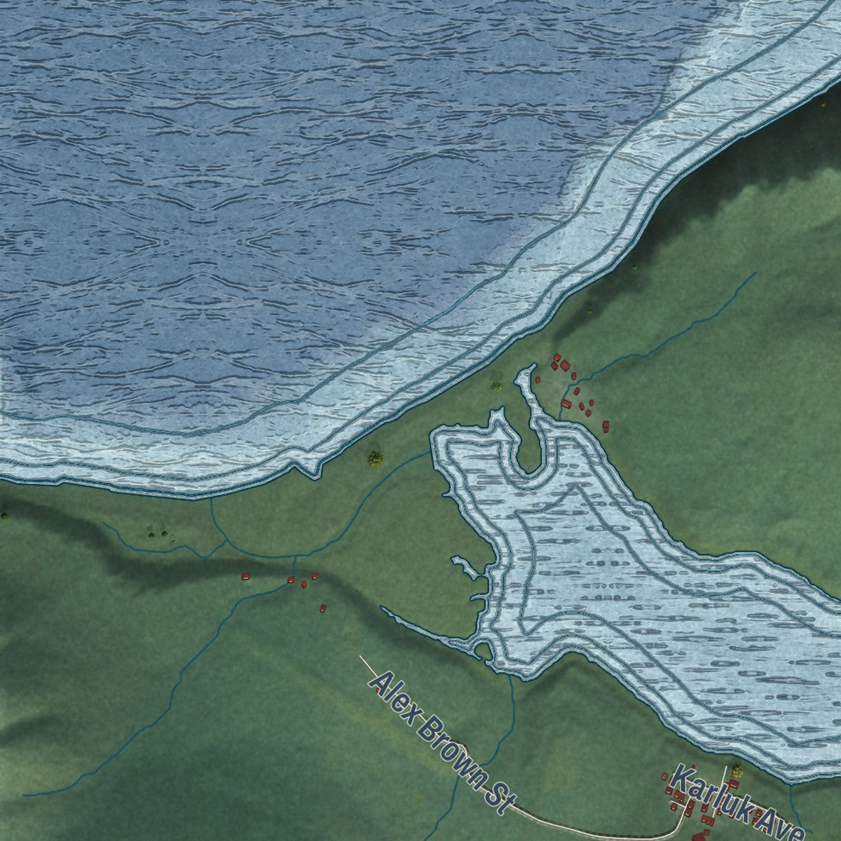 Close-up of the map of Karluk, Alaska print showing street and building detail