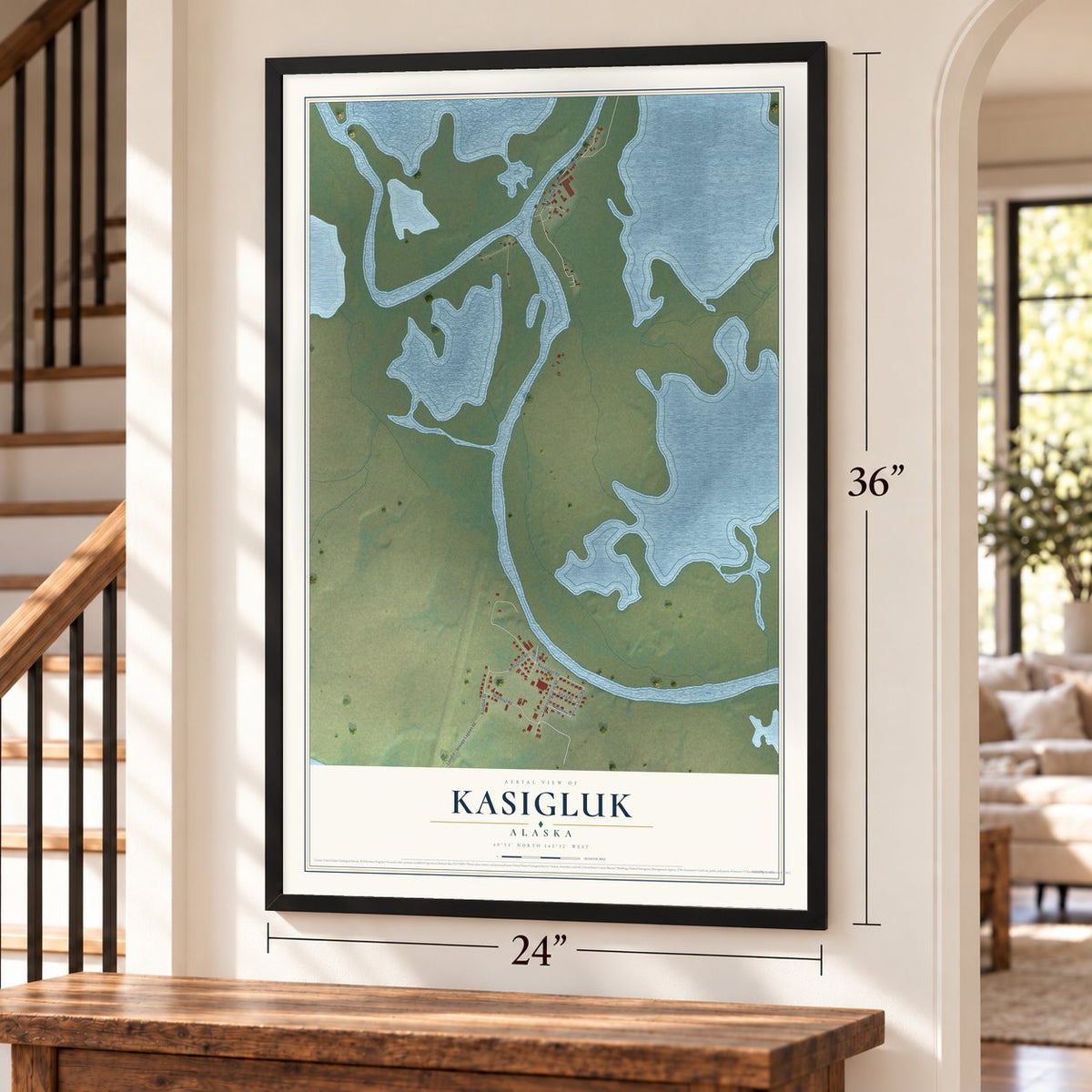 Kasigluk, Alaska map, 24 x 36 inch print in a black frame by a staircase
