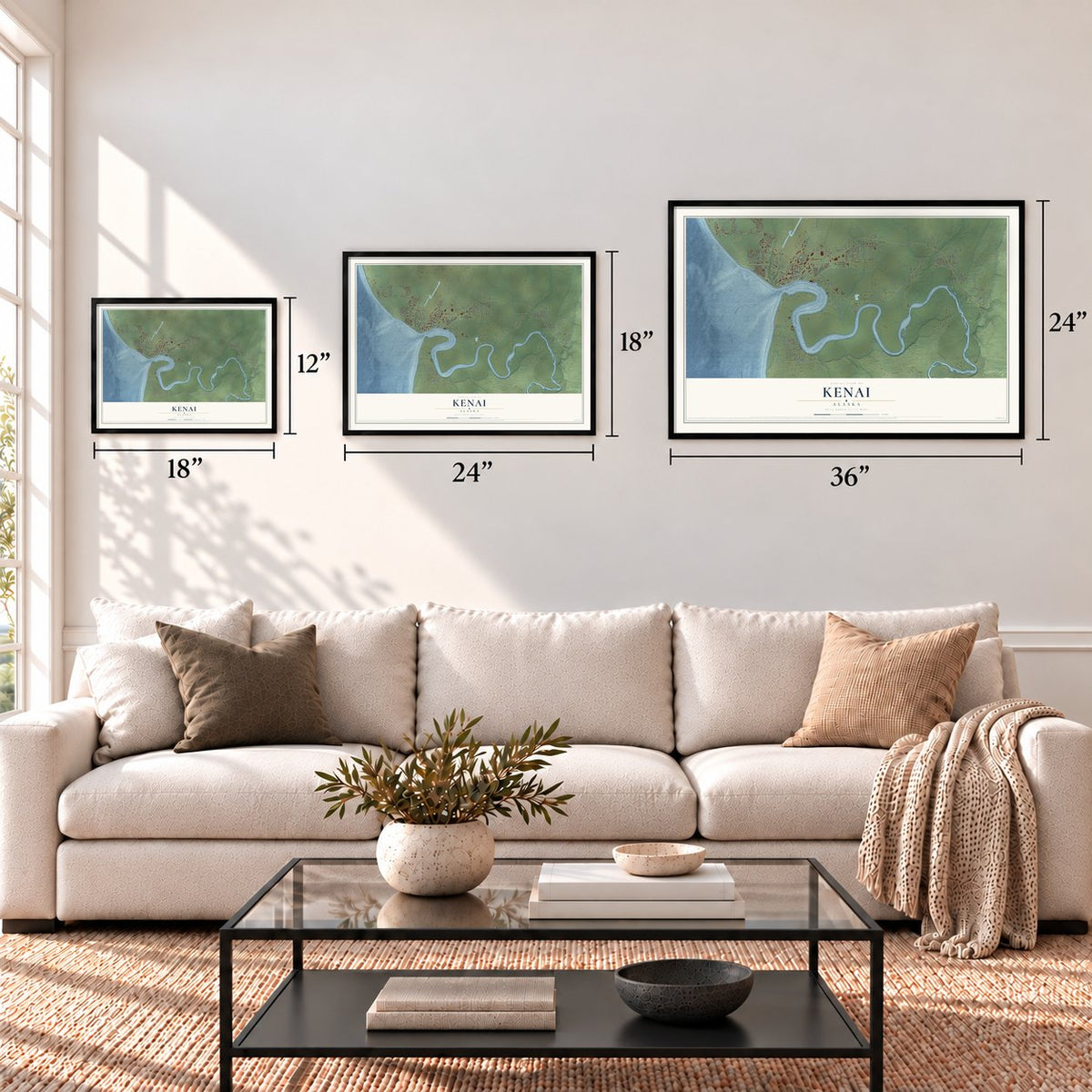 Kenai, Alaska map in 12 x 18, 18 x 24 and 24 x 36 inch sizes above a sofa