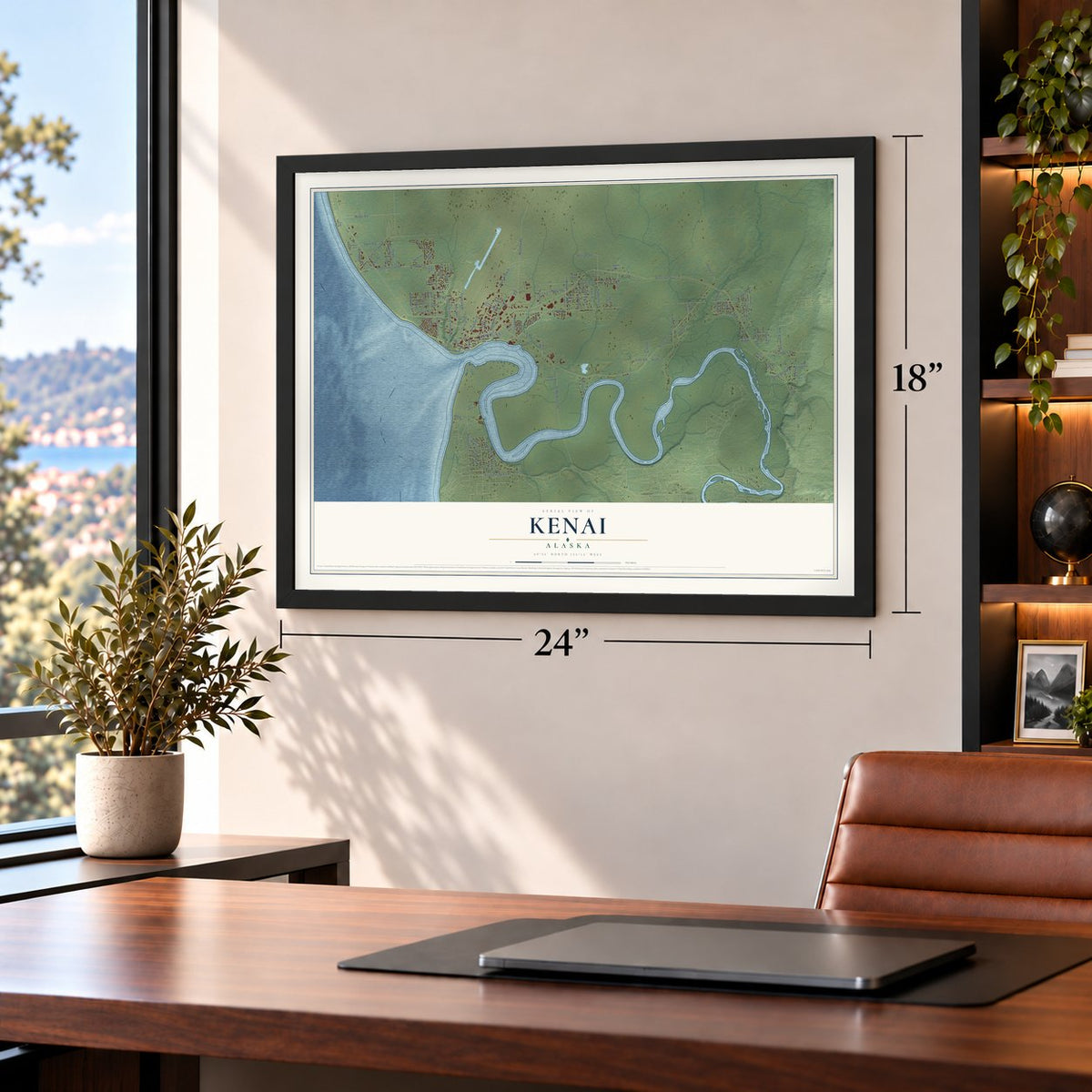 Kenai, Alaska map, 18 x 24 inch print in a black frame in a home office