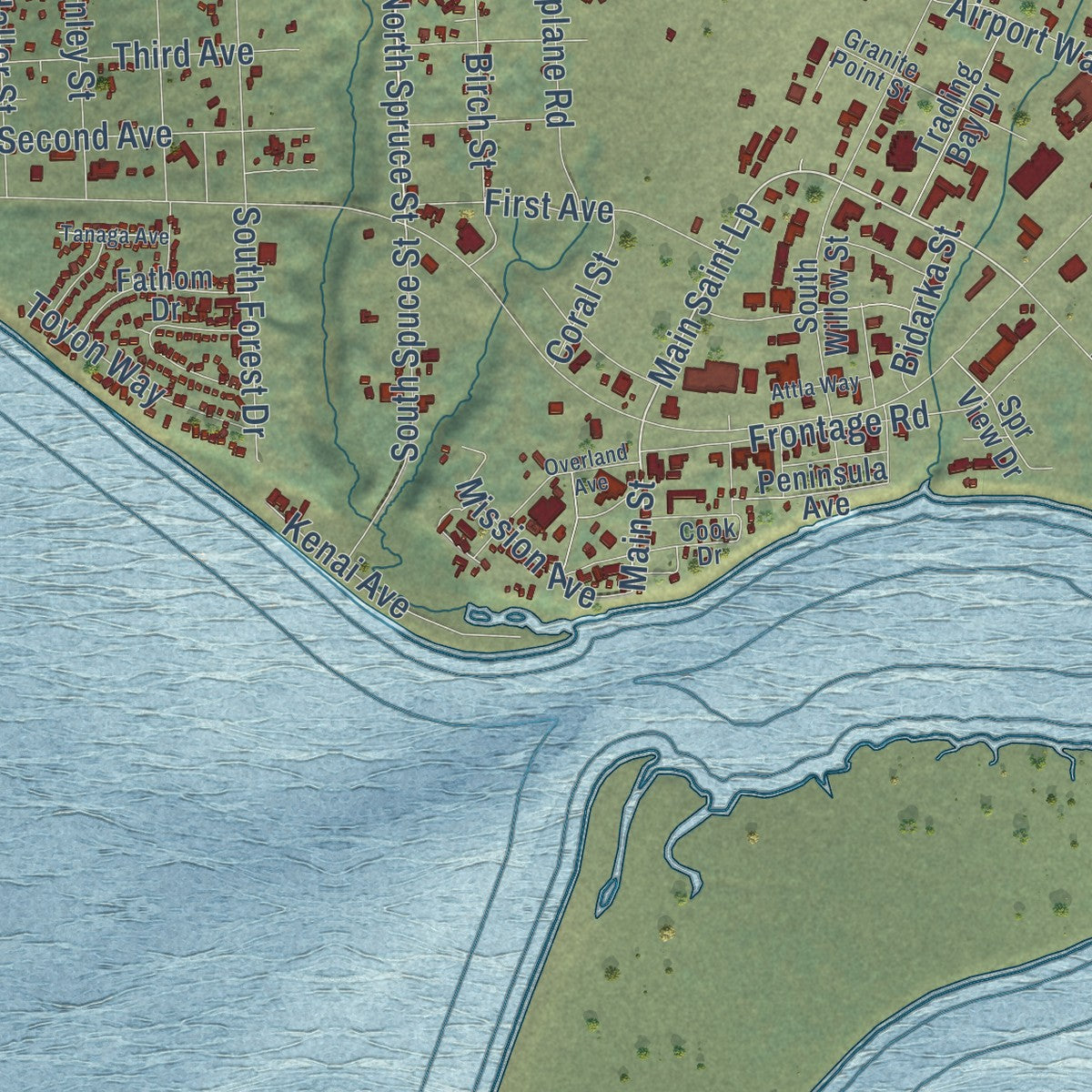 Close-up of the map of Kenai, Alaska print showing street and building detail