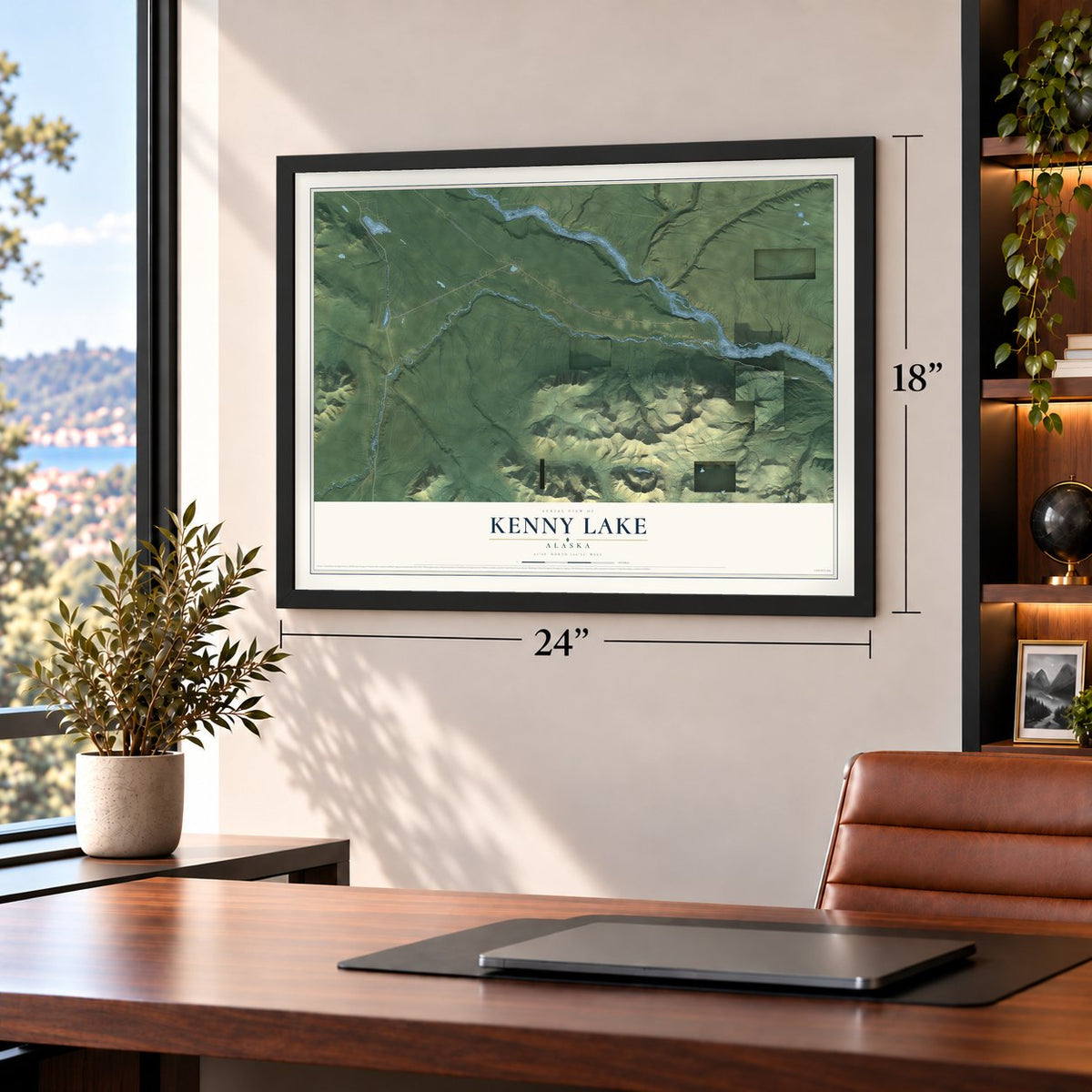 Kenny Lake, Alaska map, 18 x 24 inch print in a black frame in a home office