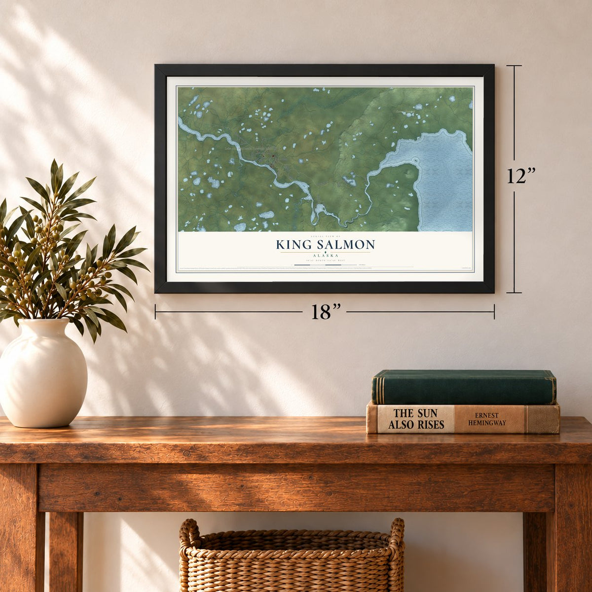 King Salmon, Alaska map, 12 x 18 inch print in a black frame in an entryway