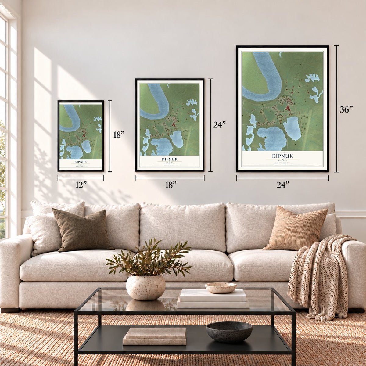 Kipnuk, Alaska map in 12 x 18, 18 x 24 and 24 x 36 inch sizes above a sofa