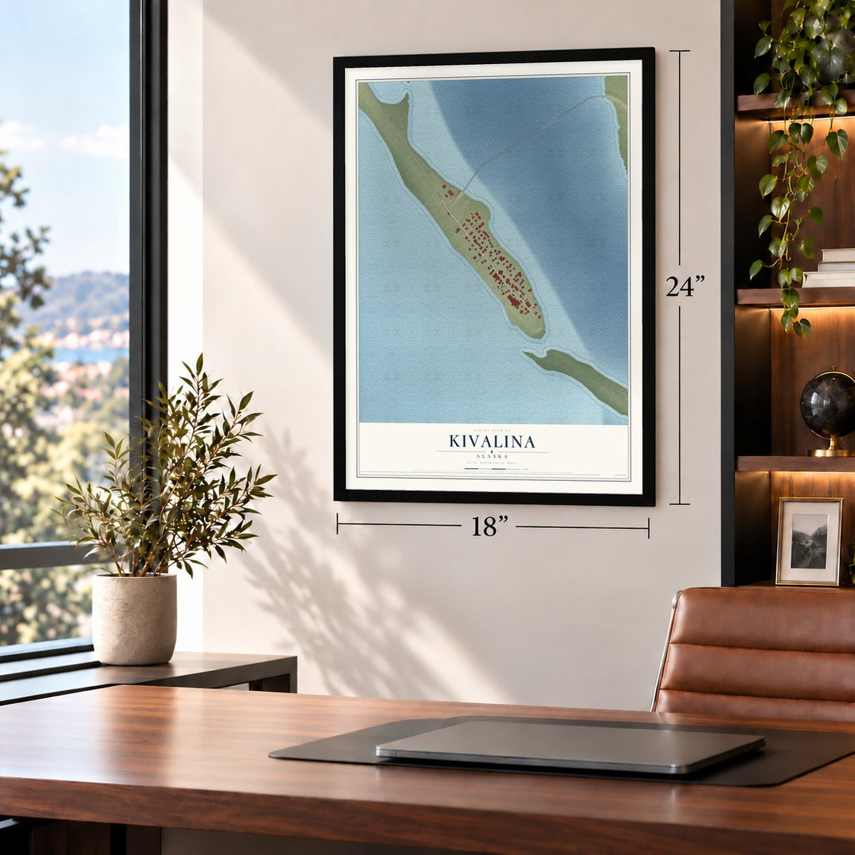 Kivalina, Alaska map, 18 x 24 inch print in a black frame in a home office