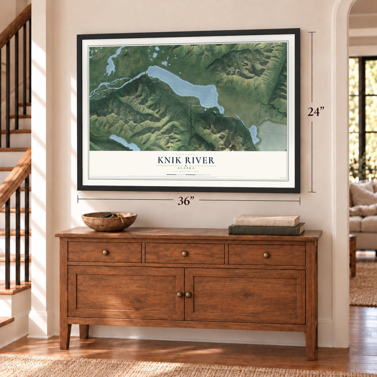 Knik River, Alaska map, 24 x 36 inch print in a black frame above a dresser by a staircase