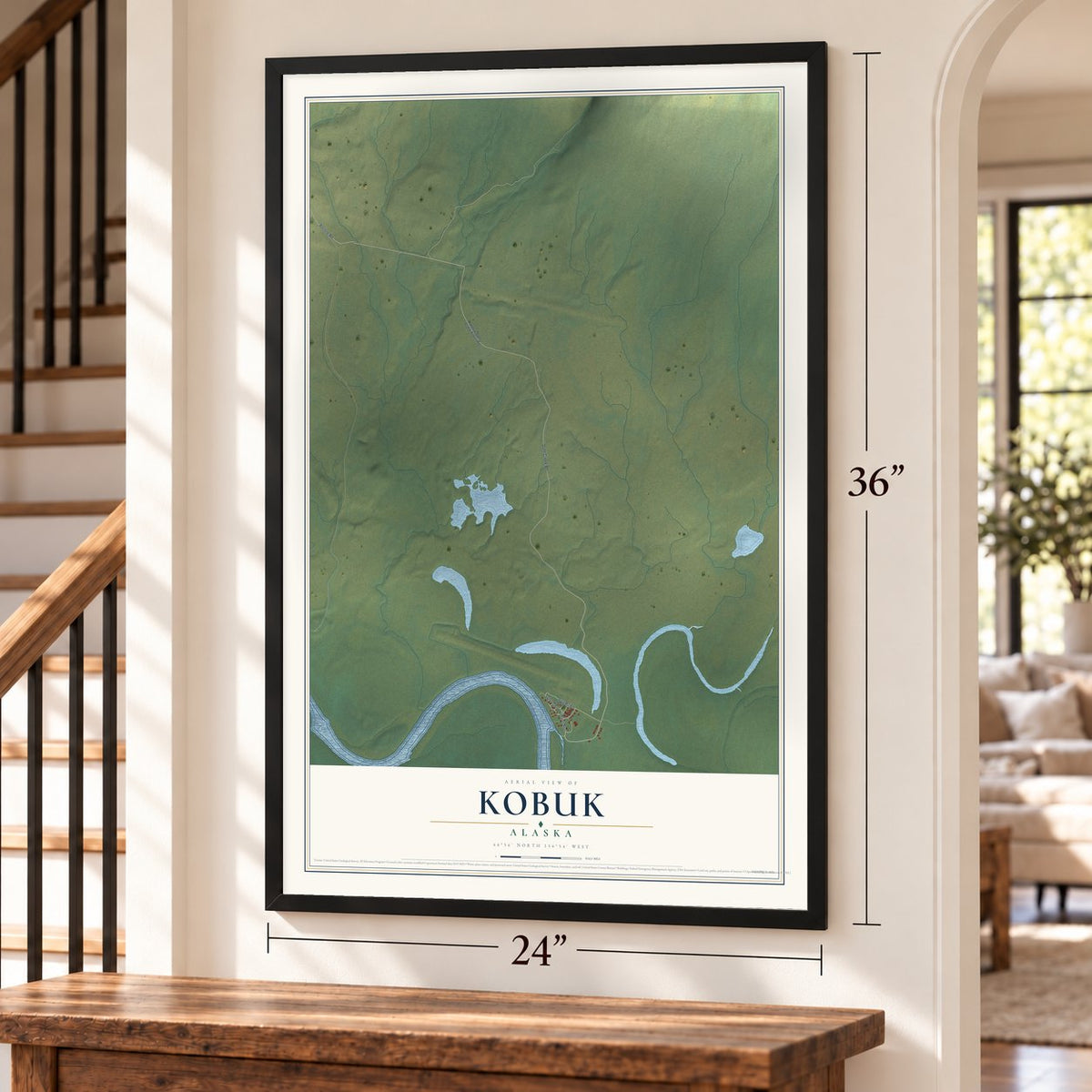 Kobuk, Alaska map, 24 x 36 inch print in a black frame by a staircase