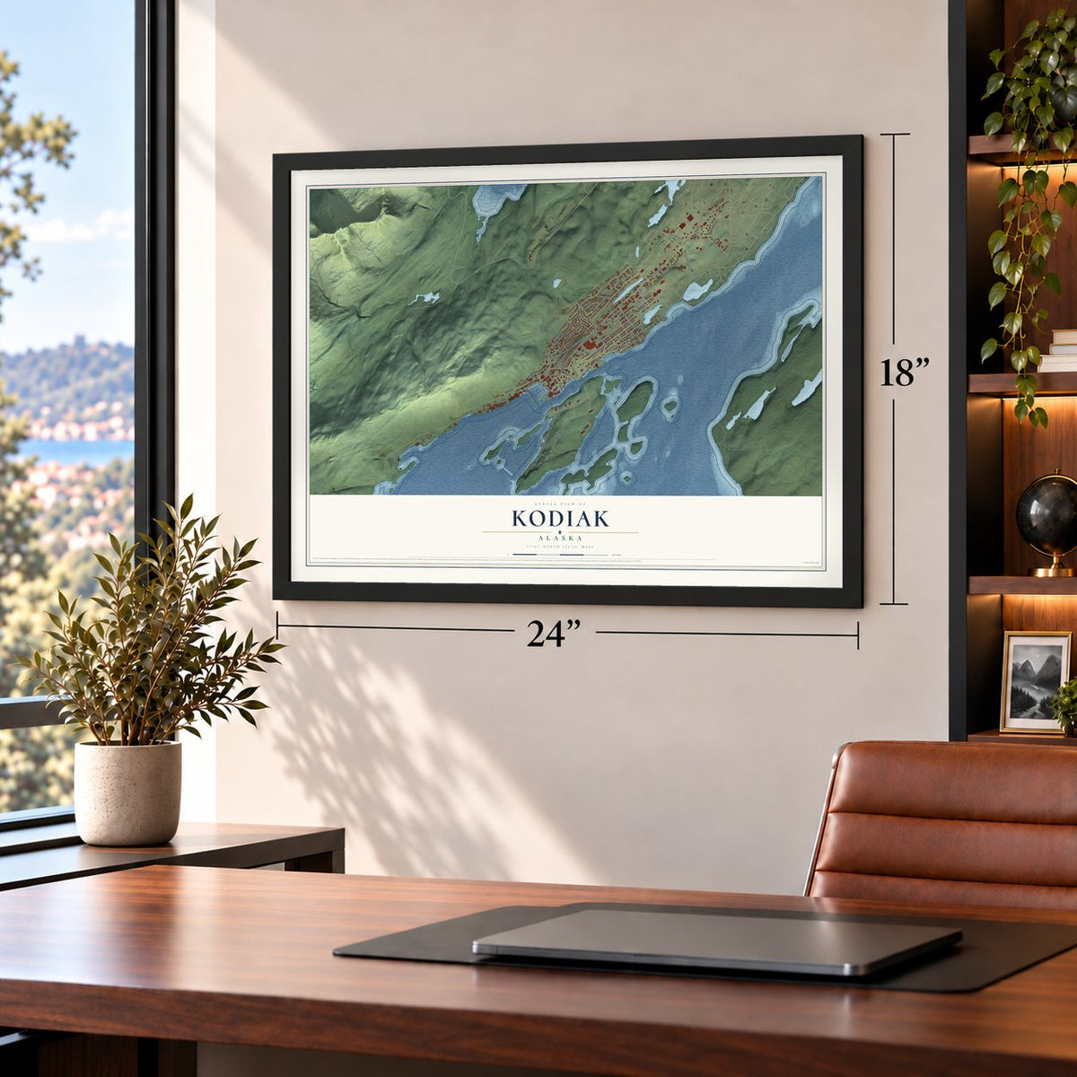 Kodiak, Alaska map, 18 x 24 inch print in a black frame in a home office