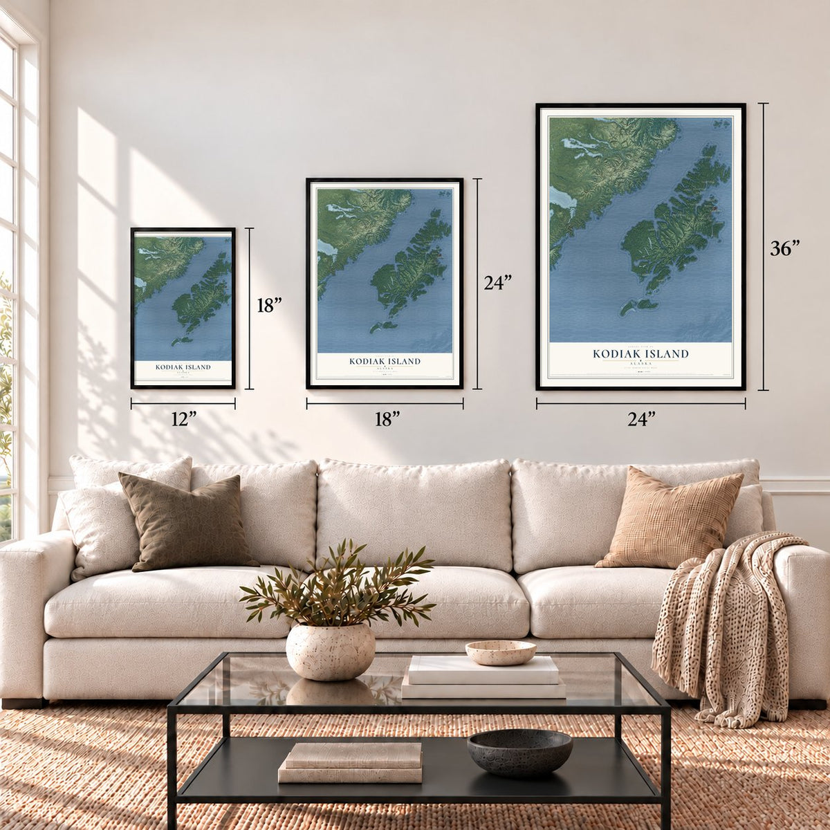 Kodiak Island, Alaska map in 12 x 18, 18 x 24 and 24 x 36 inch sizes above a sofa