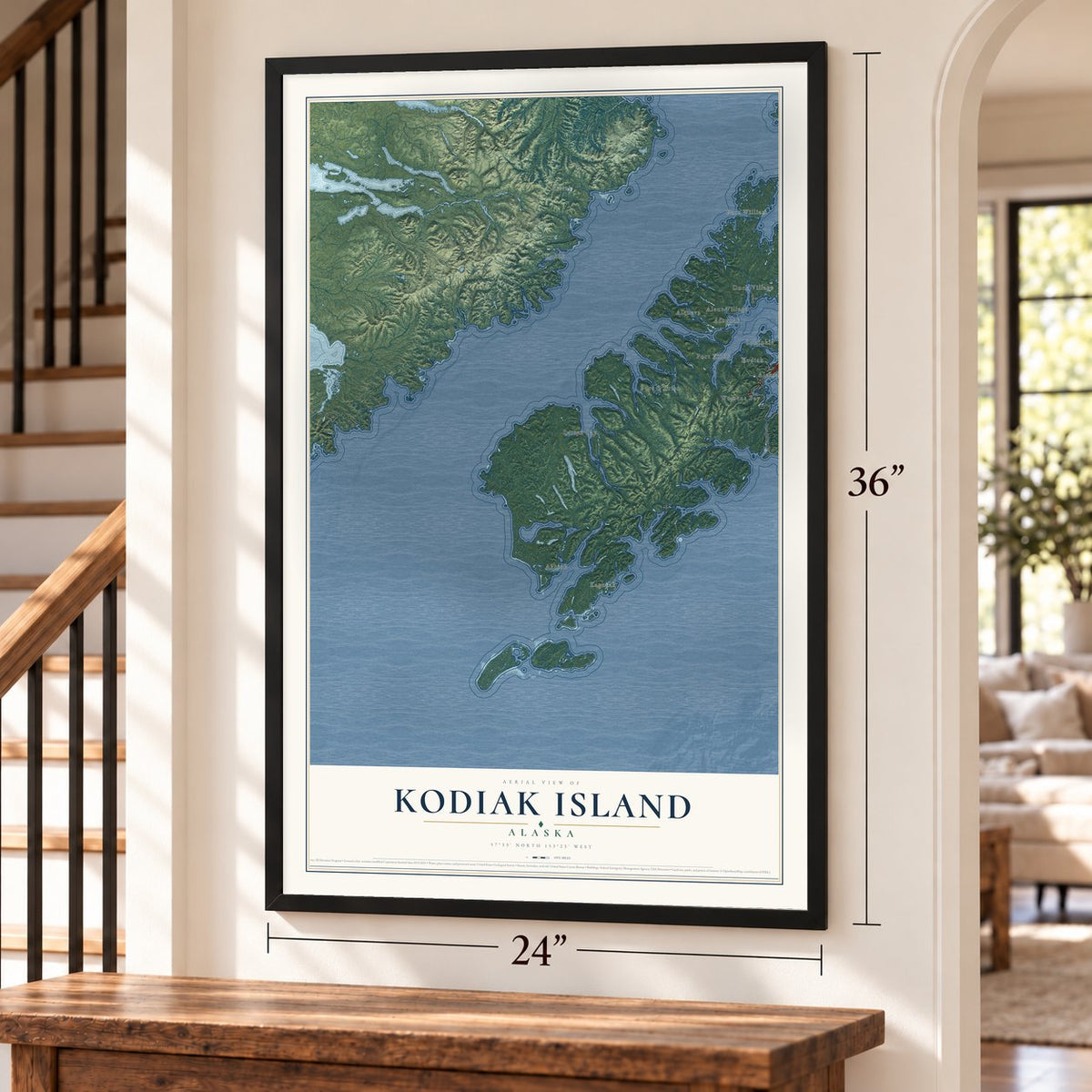 Kodiak Island, Alaska map, 24 x 36 inch print in a black frame by a staircase