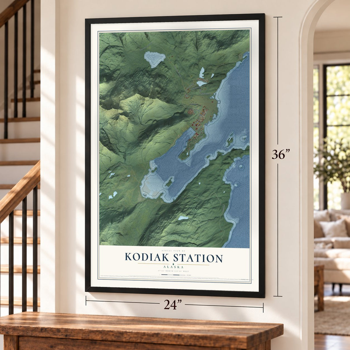 Kodiak Station, Alaska map, 24 x 36 inch print in a black frame by a staircase