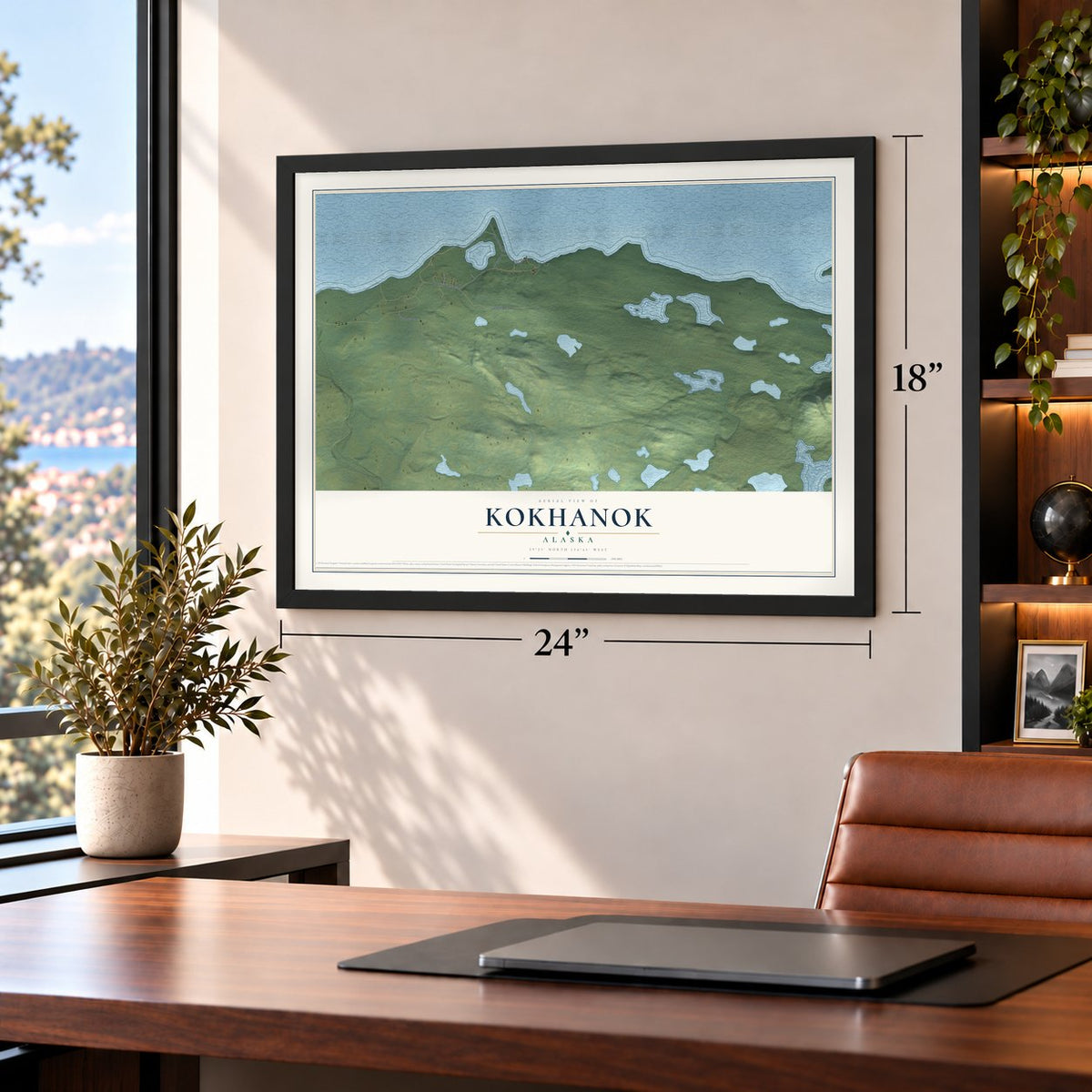 Kokhanok, Alaska map, 18 x 24 inch print in a black frame in a home office