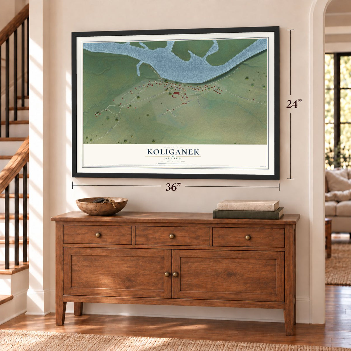 Koliganek, Alaska map, 24 x 36 inch print in a black frame above a dresser by a staircase