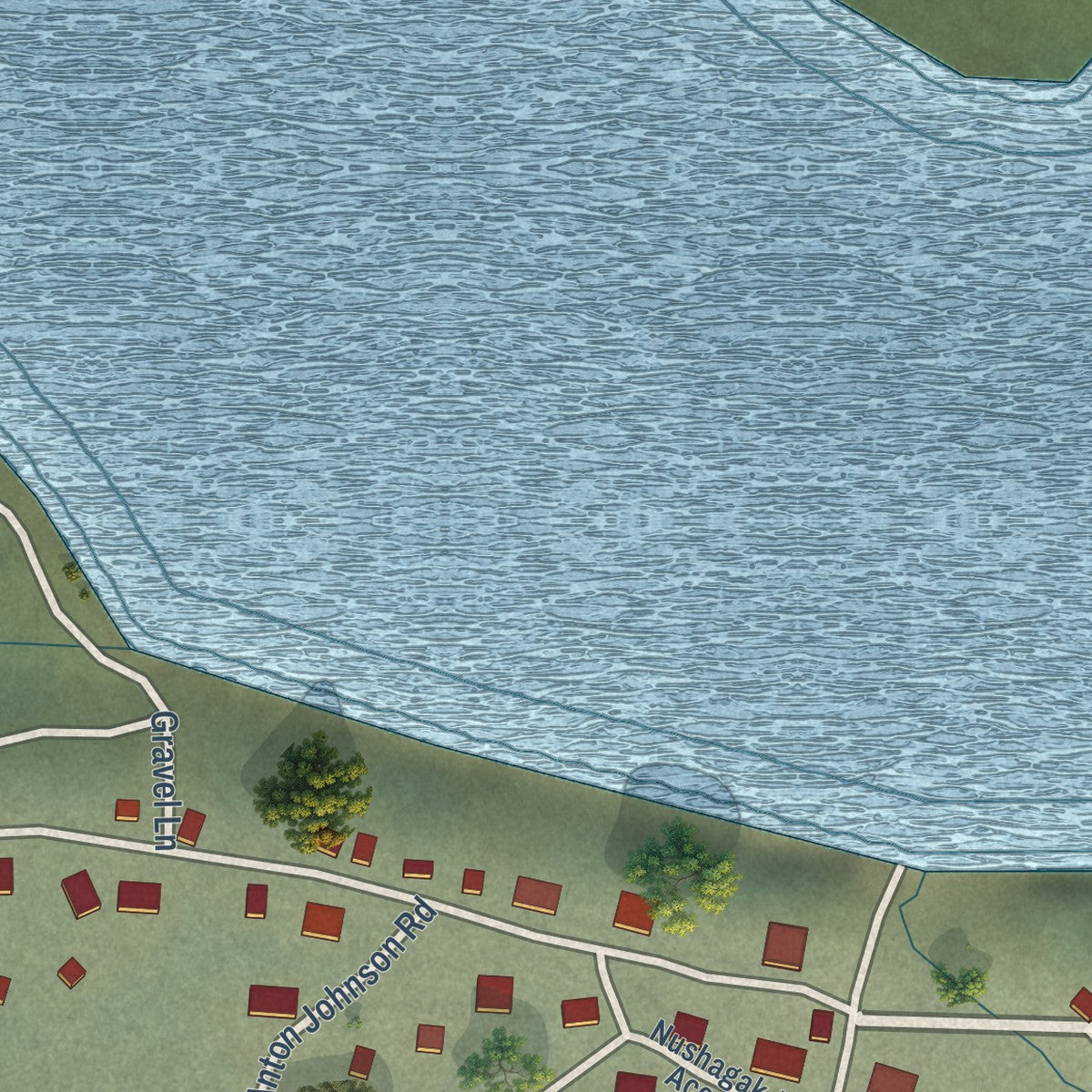 Close-up of the map of Koliganek, Alaska print showing street and building detail