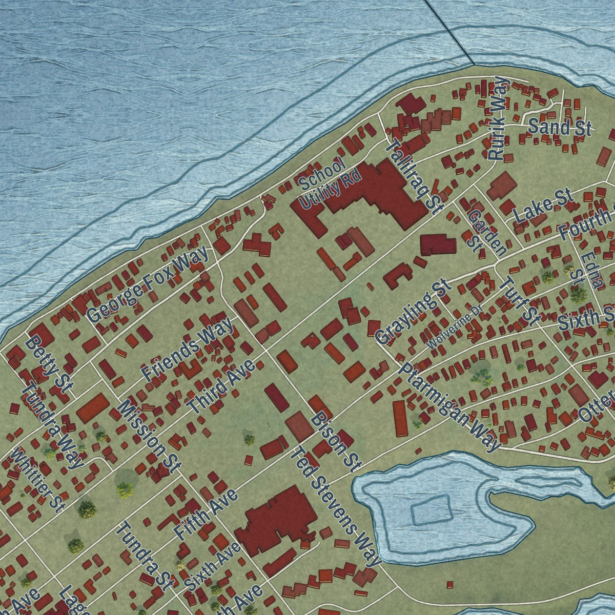 Close-up of the map of Kotzebue, Alaska print showing street and building detail
