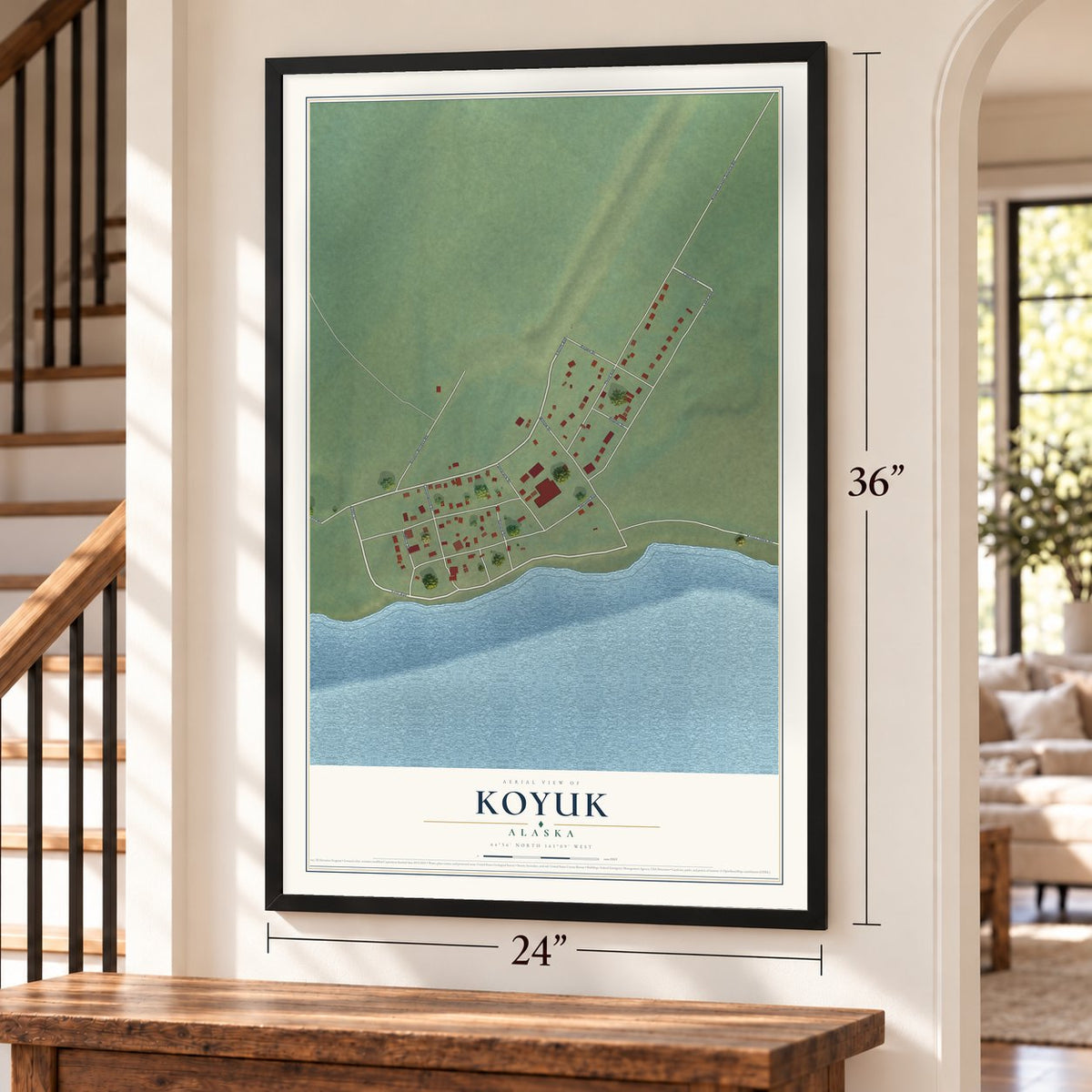 Koyuk, Alaska map, 24 x 36 inch print in a black frame by a staircase