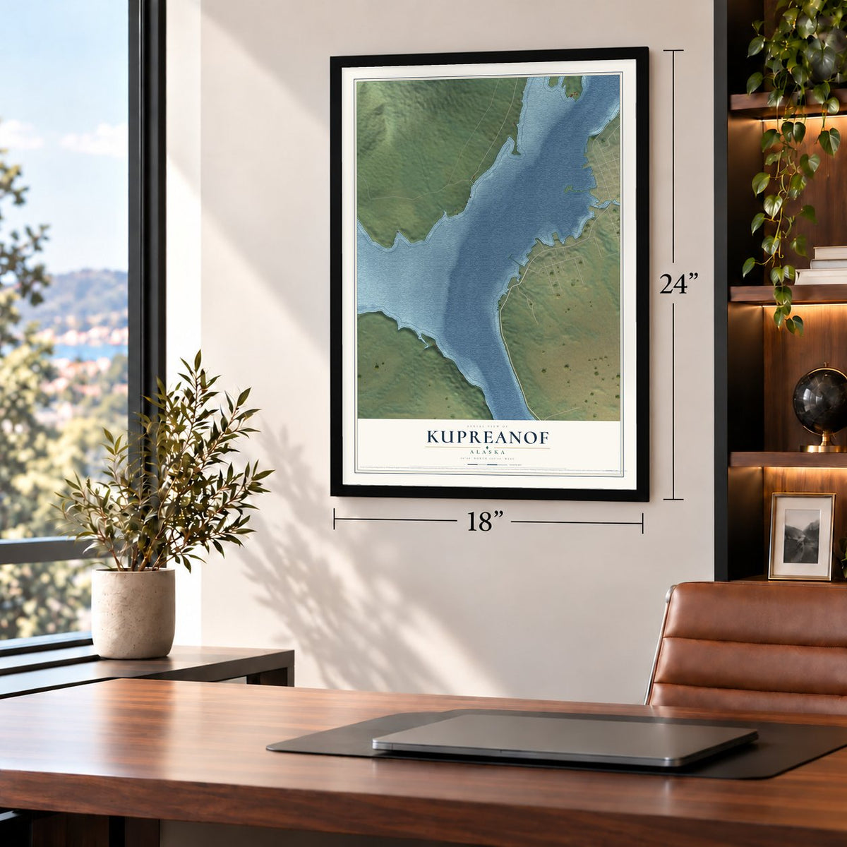 Kupreanof, Alaska map, 18 x 24 inch print in a black frame in a home office