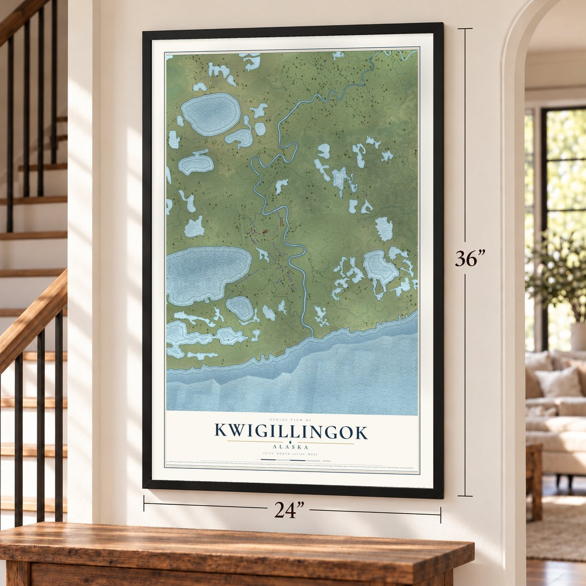Kwigillingok, Alaska map, 24 x 36 inch print in a black frame by a staircase