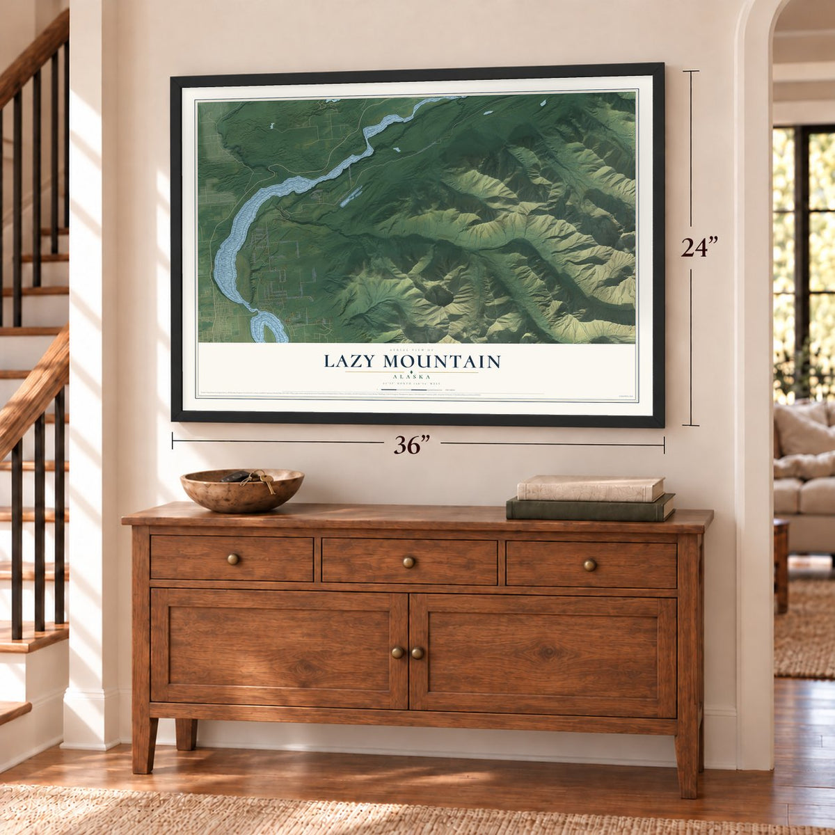 Lazy Mountain, Alaska map, 24 x 36 inch print in a black frame above a dresser by a staircase