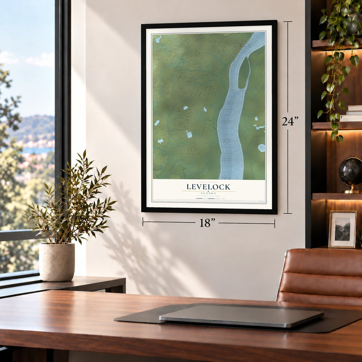 Levelock, Alaska map, 18 x 24 inch print in a black frame in a home office