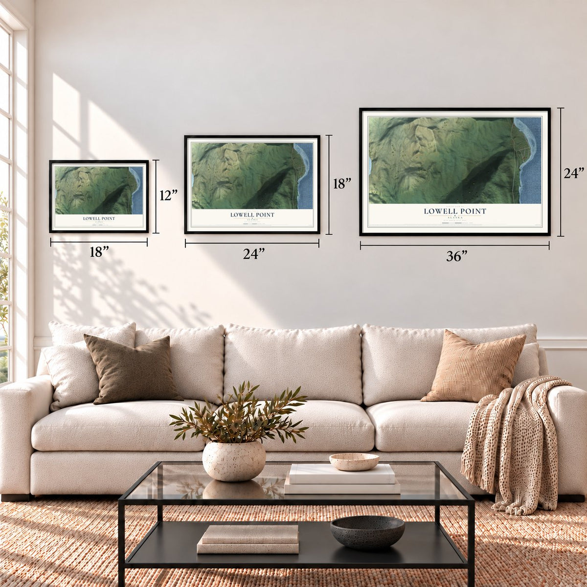 Lowell Point, Alaska map in 12 x 18, 18 x 24 and 24 x 36 inch sizes above a sofa