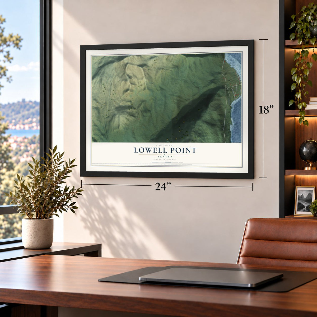 Lowell Point, Alaska map, 18 x 24 inch print in a black frame in a home office