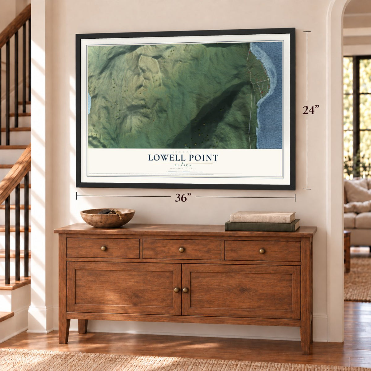 Lowell Point, Alaska map, 24 x 36 inch print in a black frame above a dresser by a staircase