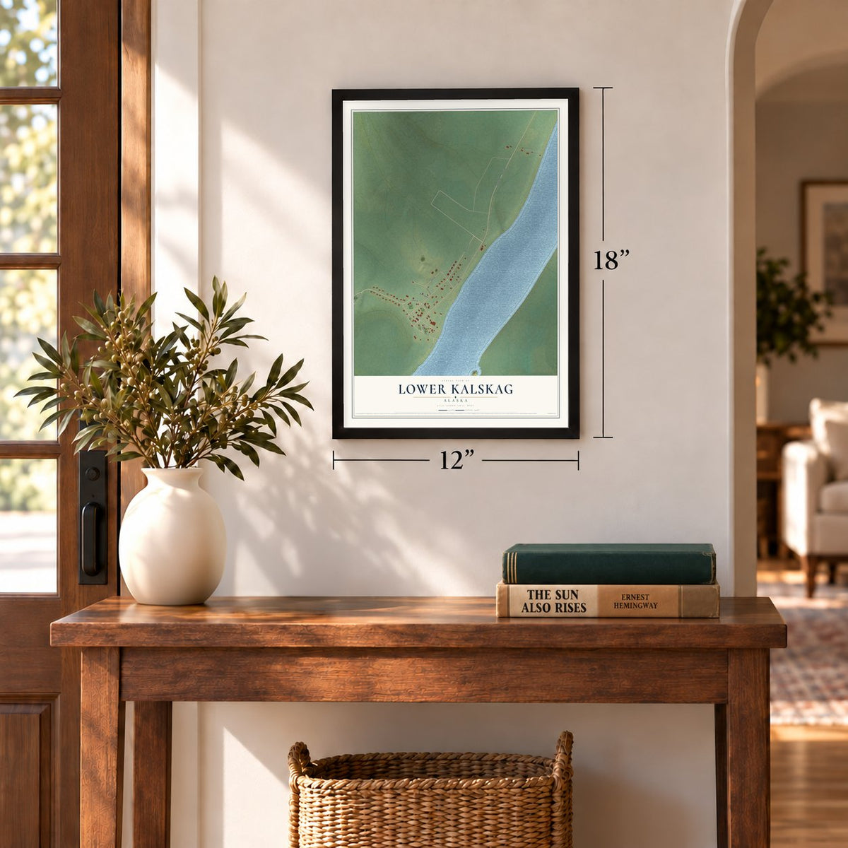 Lower Kalskag, Alaska map, 12 x 18 inch print in a black frame in an entryway