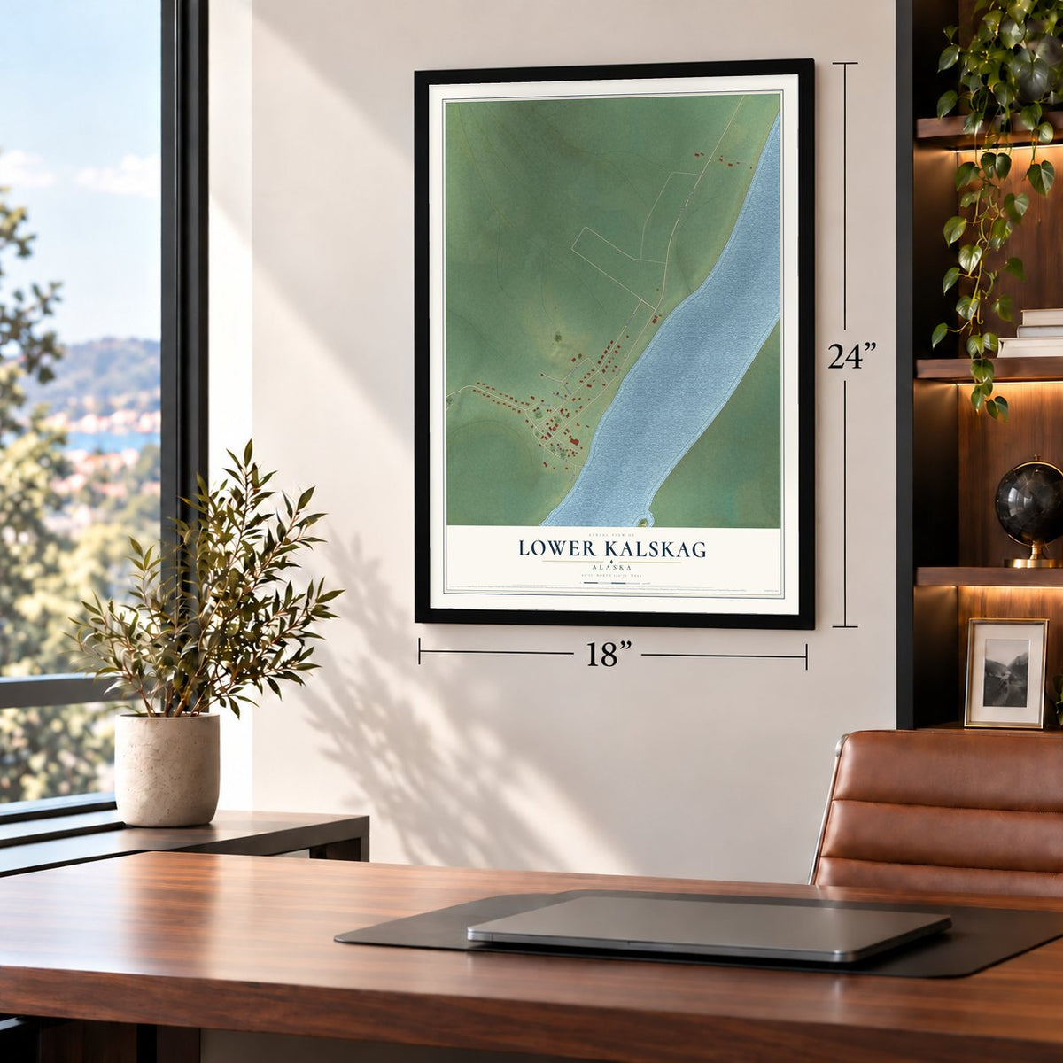 Lower Kalskag, Alaska map, 18 x 24 inch print in a black frame in a home office