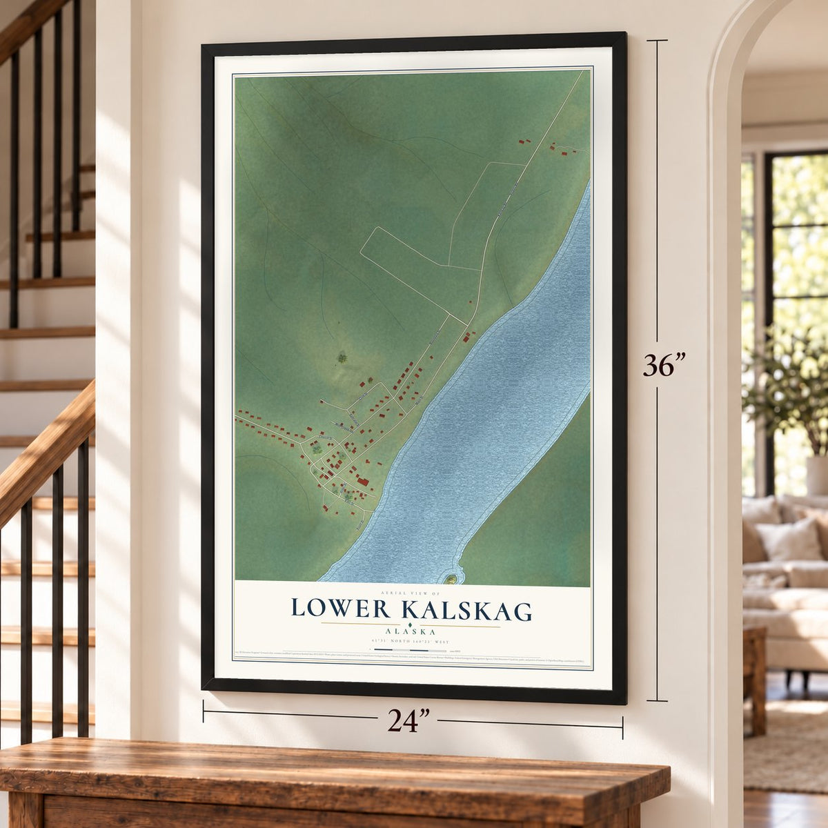 Lower Kalskag, Alaska map, 24 x 36 inch print in a black frame by a staircase