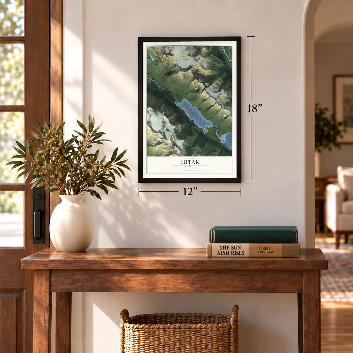 Lutak, Alaska map, 12 x 18 inch print in a black frame in an entryway