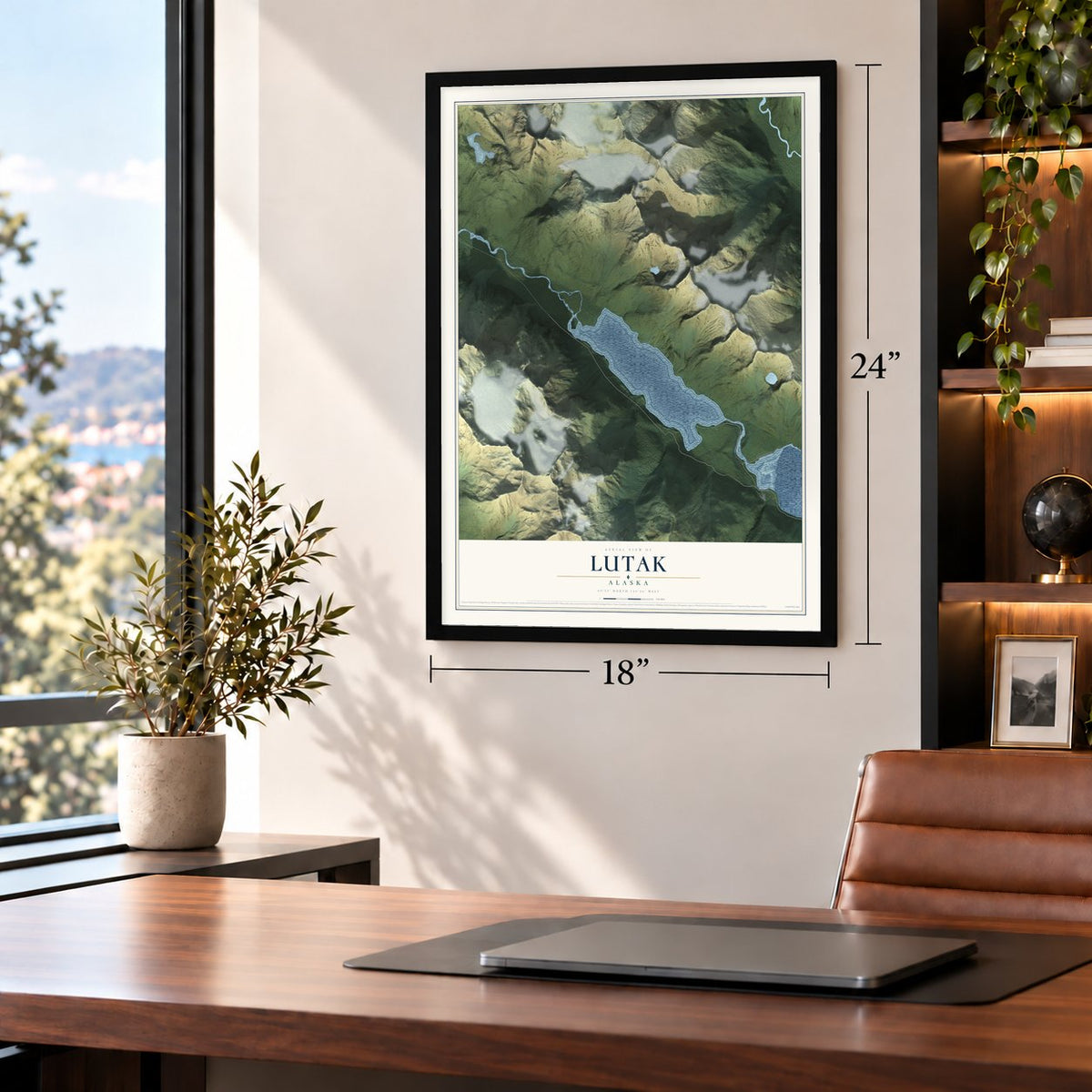 Lutak, Alaska map, 18 x 24 inch print in a black frame in a home office