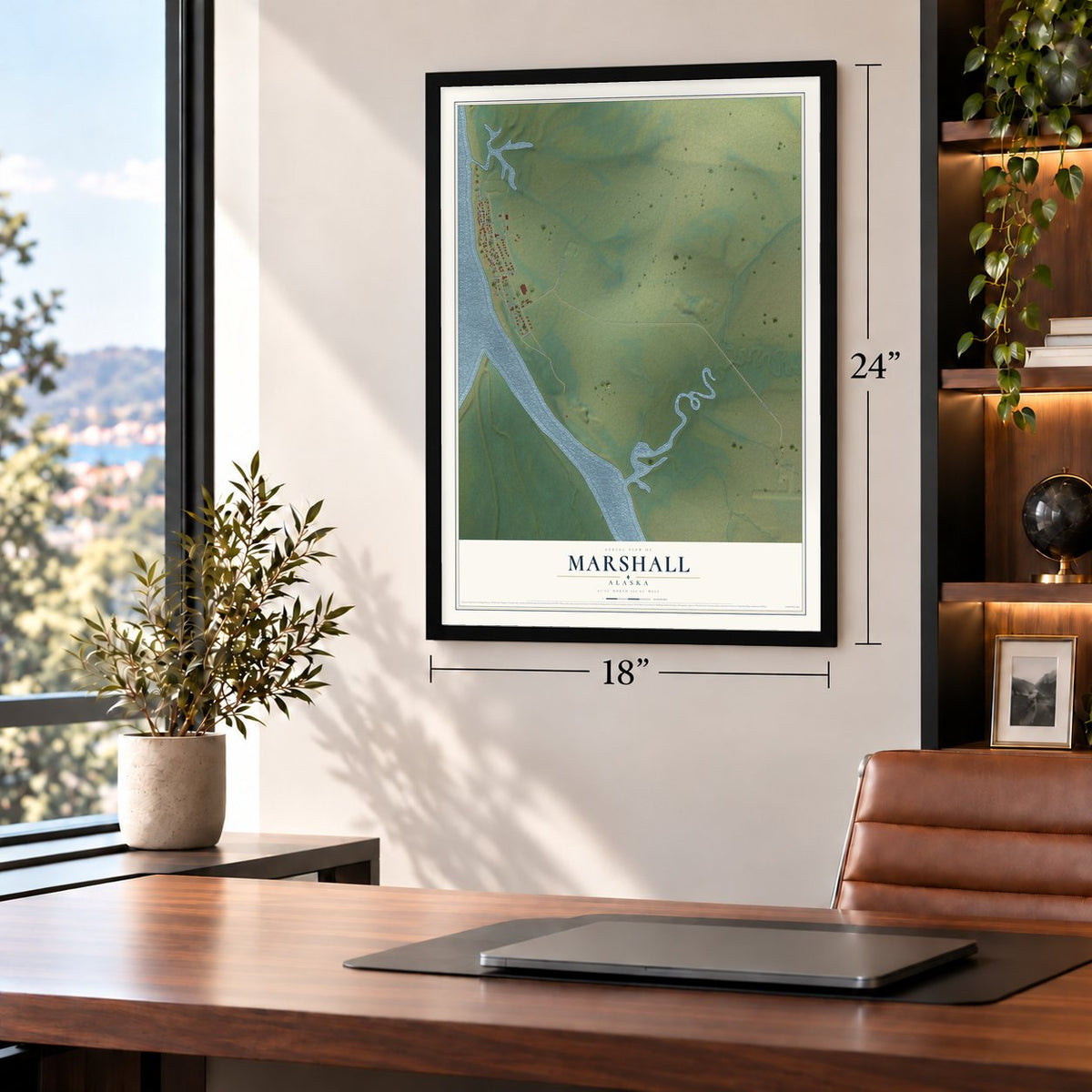 Marshall, Alaska map, 18 x 24 inch print in a black frame in a home office