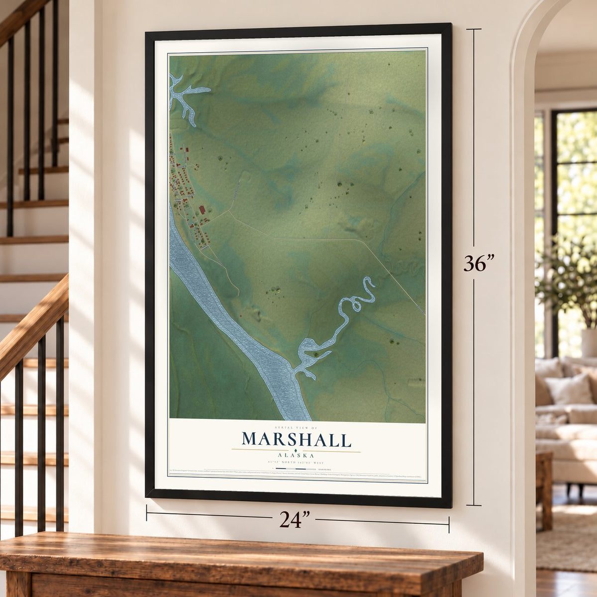 Marshall, Alaska map, 24 x 36 inch print in a black frame by a staircase