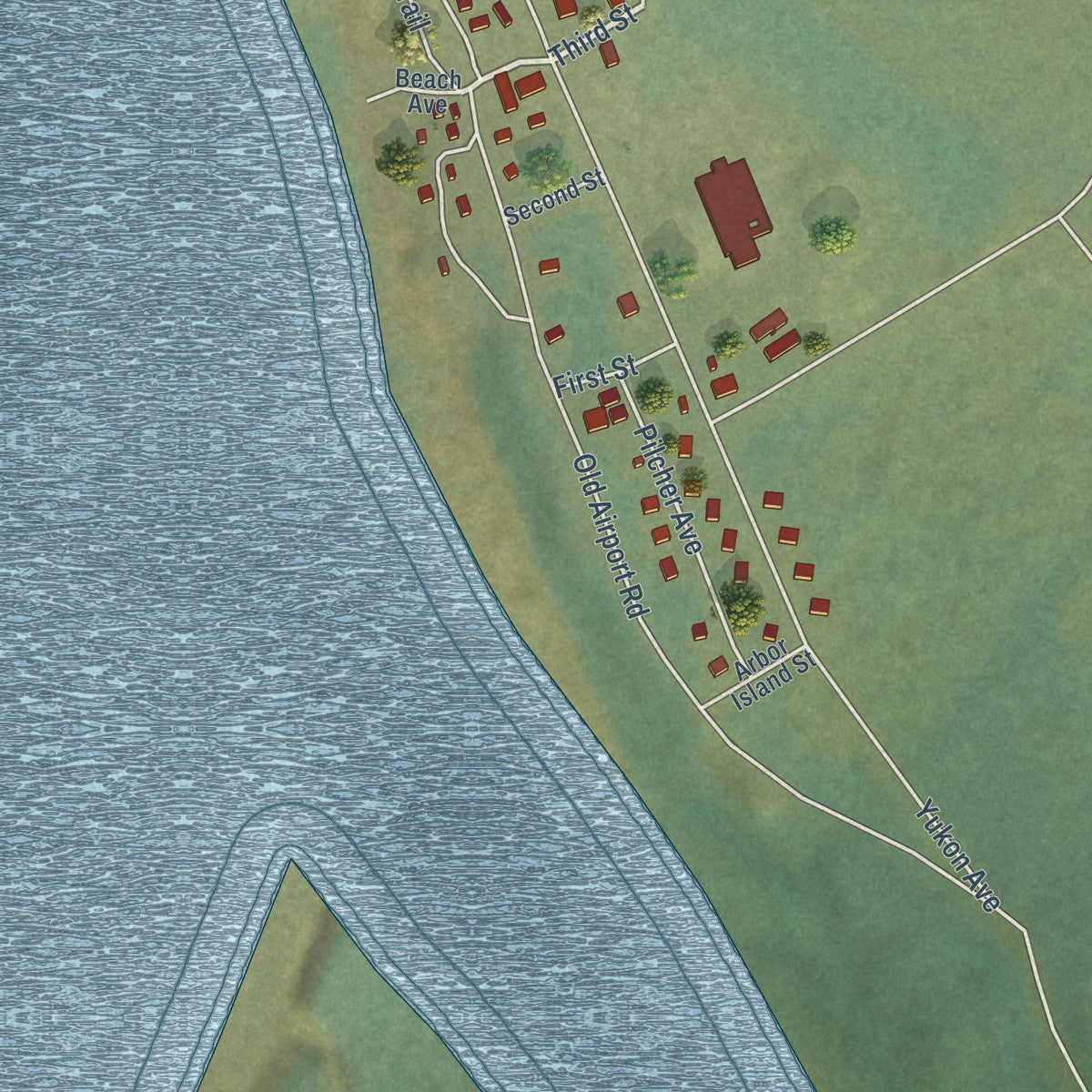 Close-up of the map of Marshall, Alaska print showing street and building detail