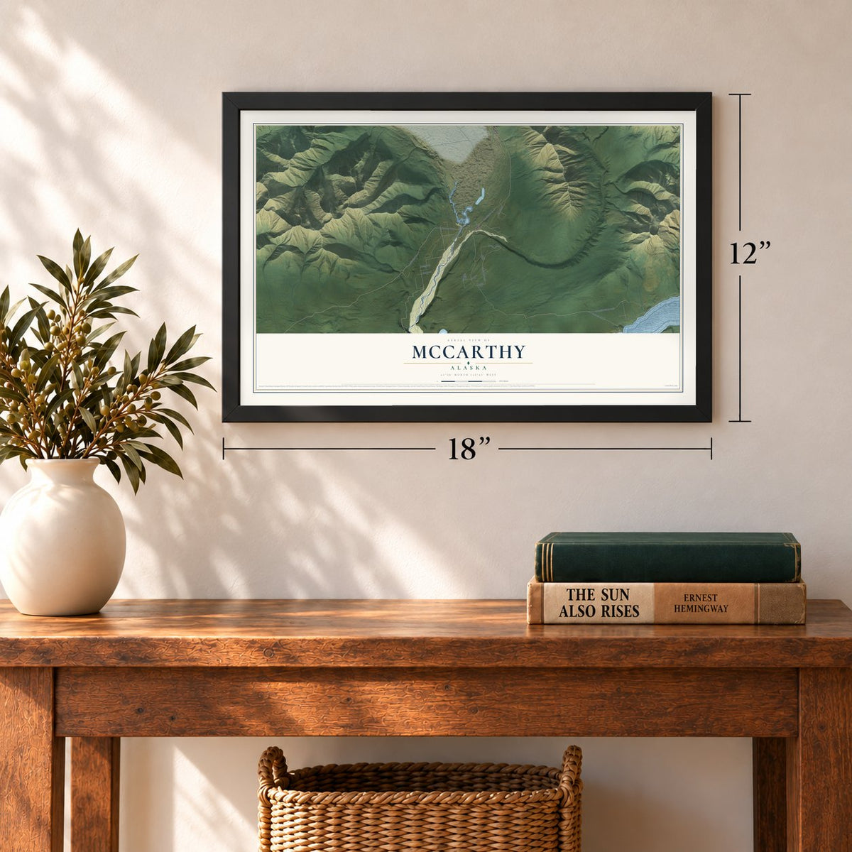 McCarthy, Alaska map, 12 x 18 inch print in a black frame in an entryway