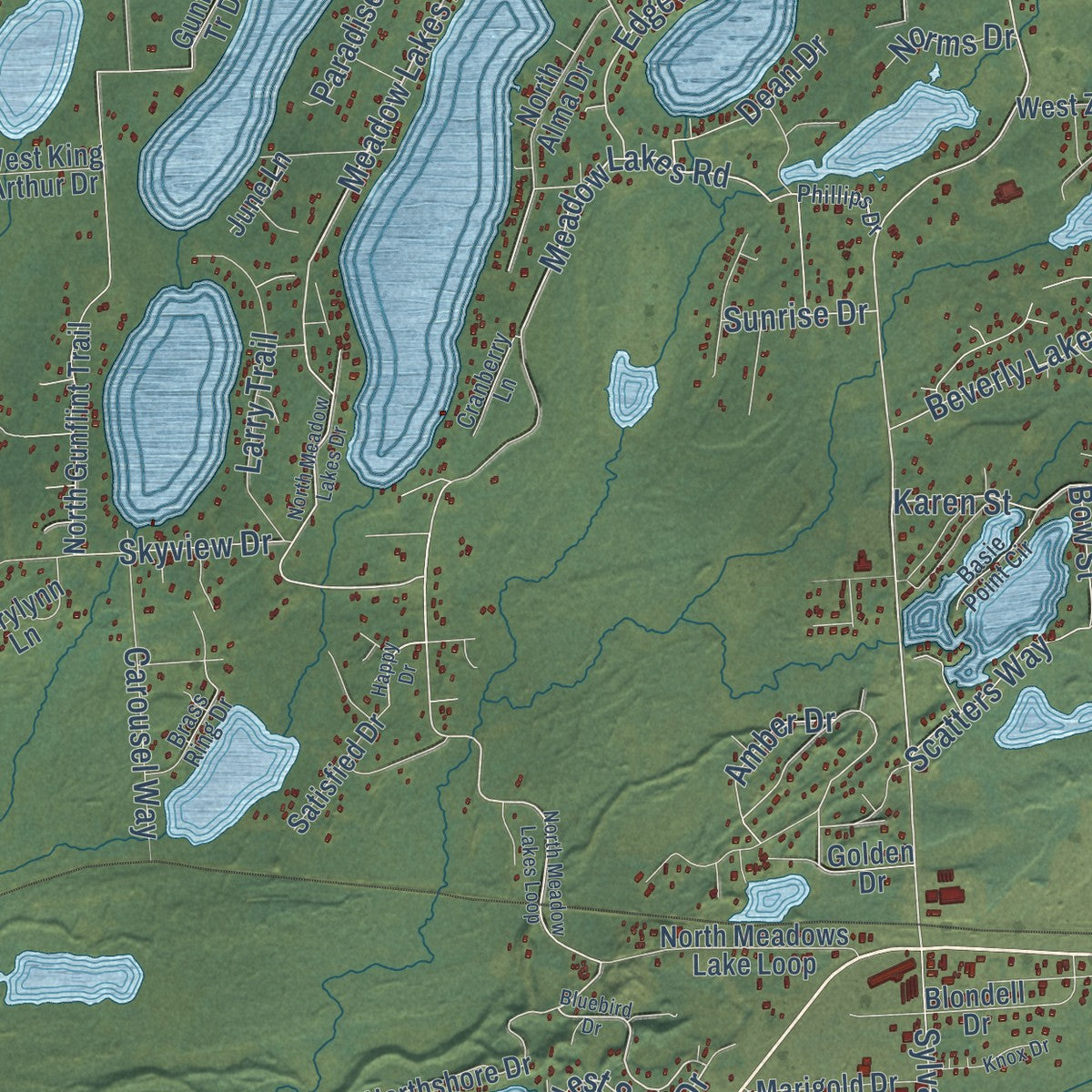 Close-up of the map of Meadow Lakes, Alaska print showing street and building detail