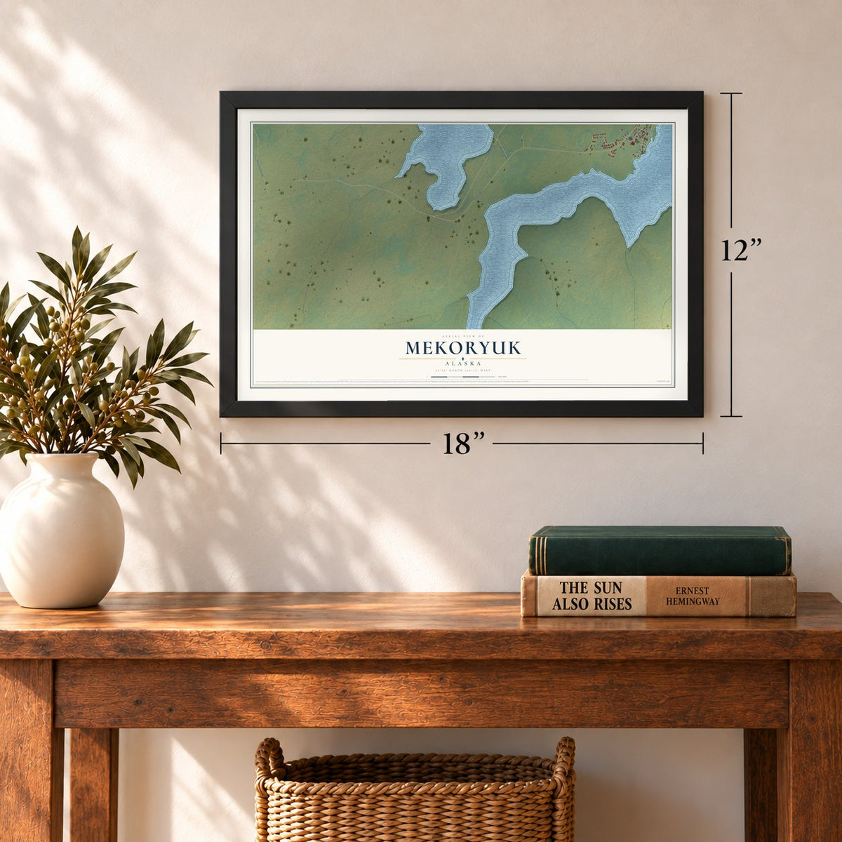 Mekoryuk, Alaska map, 12 x 18 inch print in a black frame in an entryway