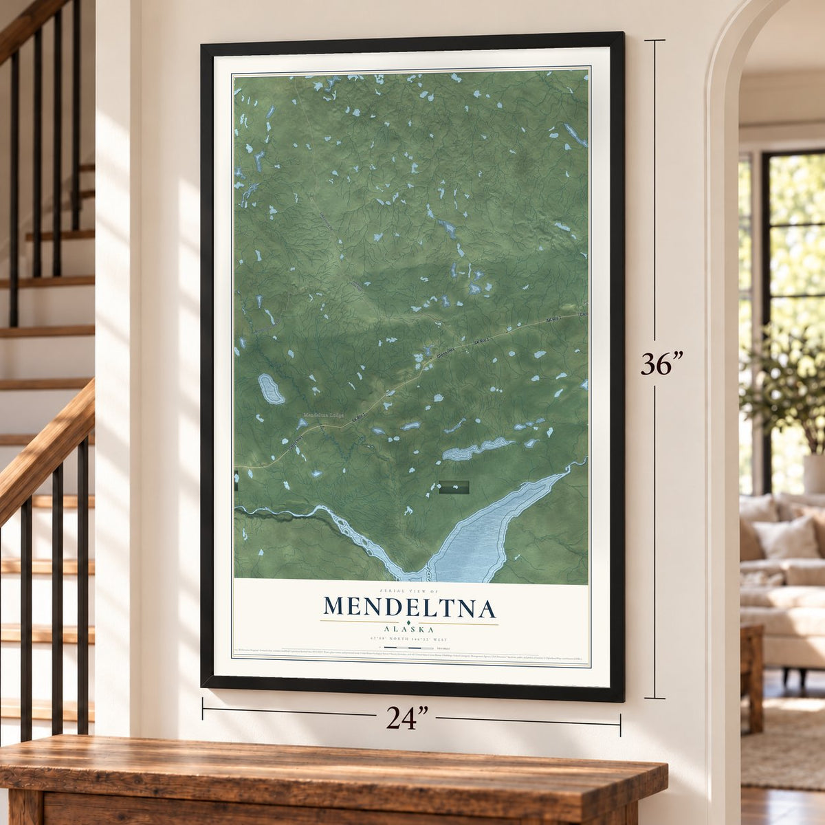 Mendeltna, Alaska map, 24 x 36 inch print in a black frame by a staircase
