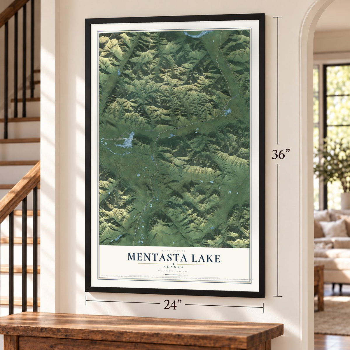 Mentasta Lake, Alaska map, 24 x 36 inch print in a black frame by a staircase