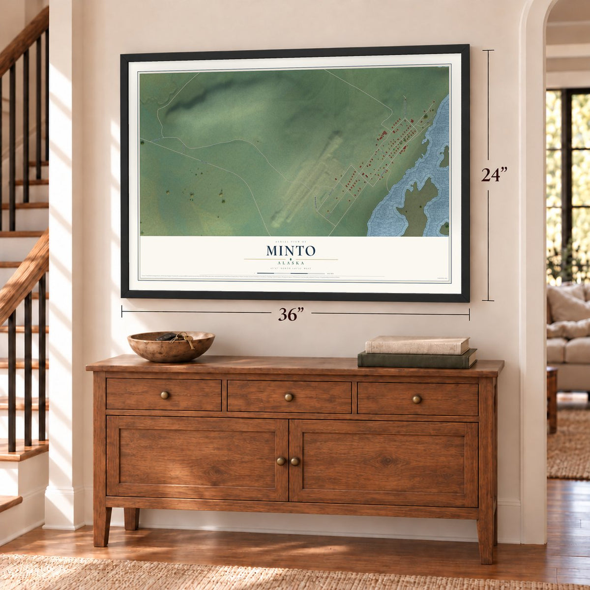 Minto, Alaska map, 24 x 36 inch print in a black frame above a dresser by a staircase
